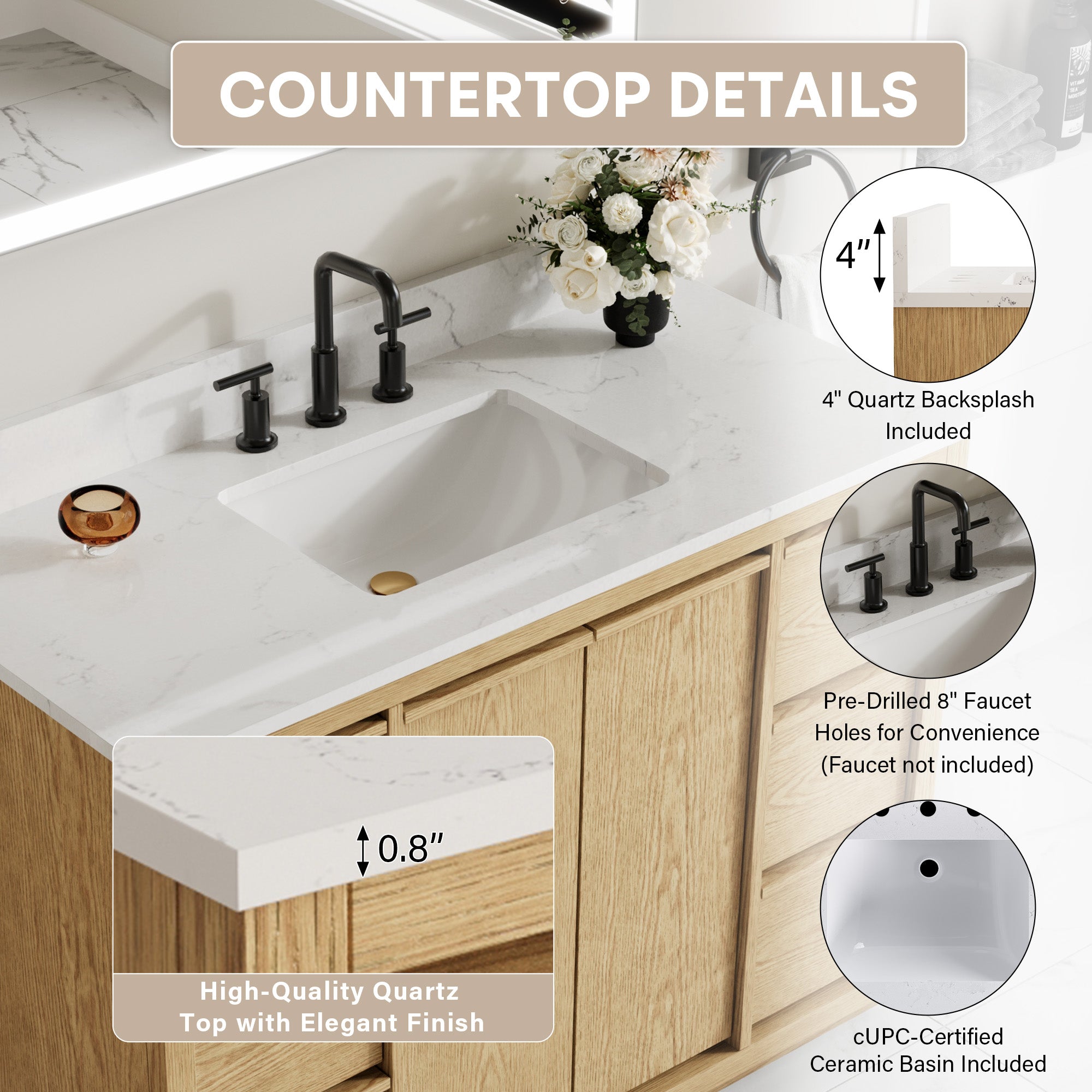 48 Inch Oak Soild Wood Bathroom Vanity with Sink, 6 Dovetail-constructed Drawers and 2 Soft-close Doors