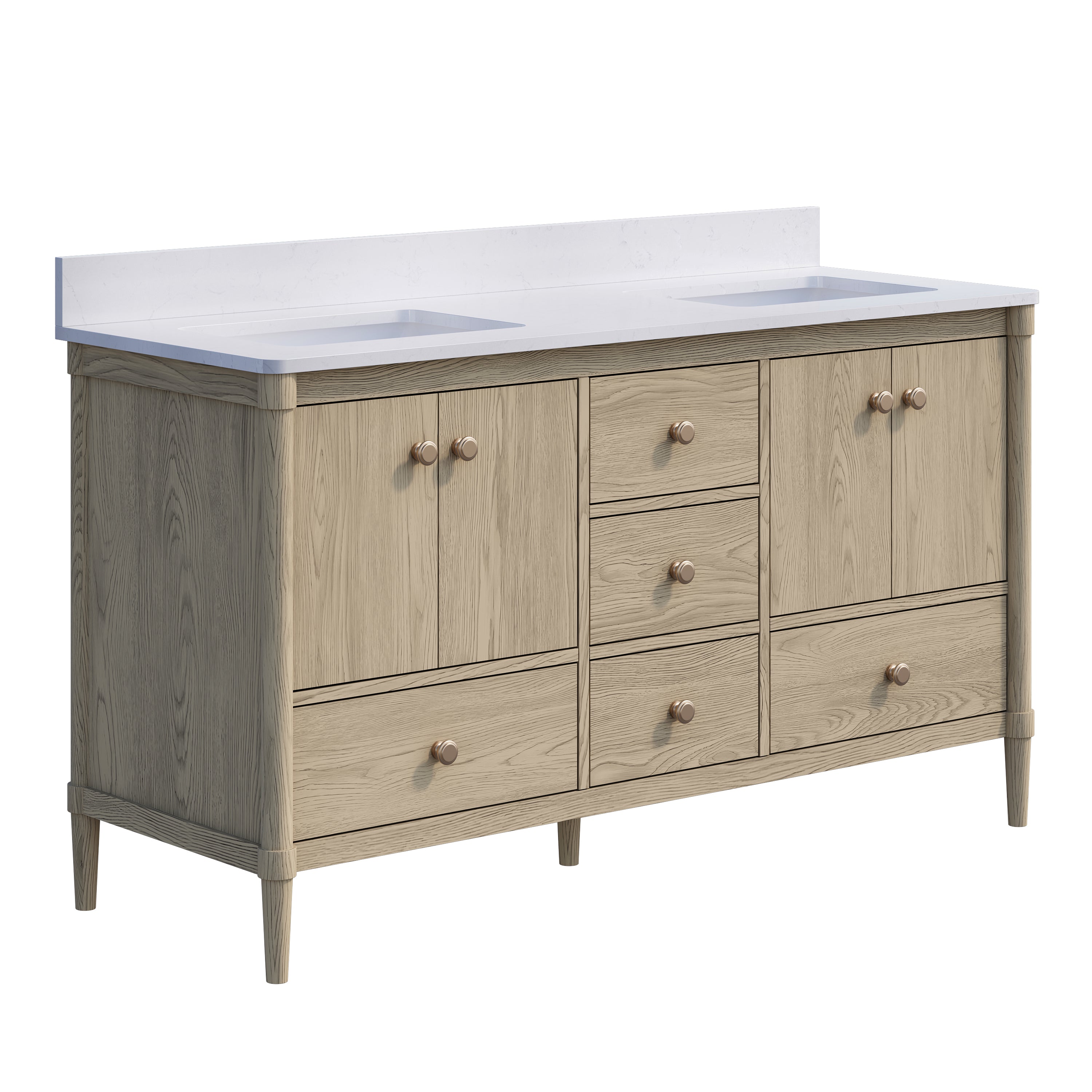 60-Inch Freestanding Oak Bathroom Vanity with Carrara White Quartz Top Double Sinks