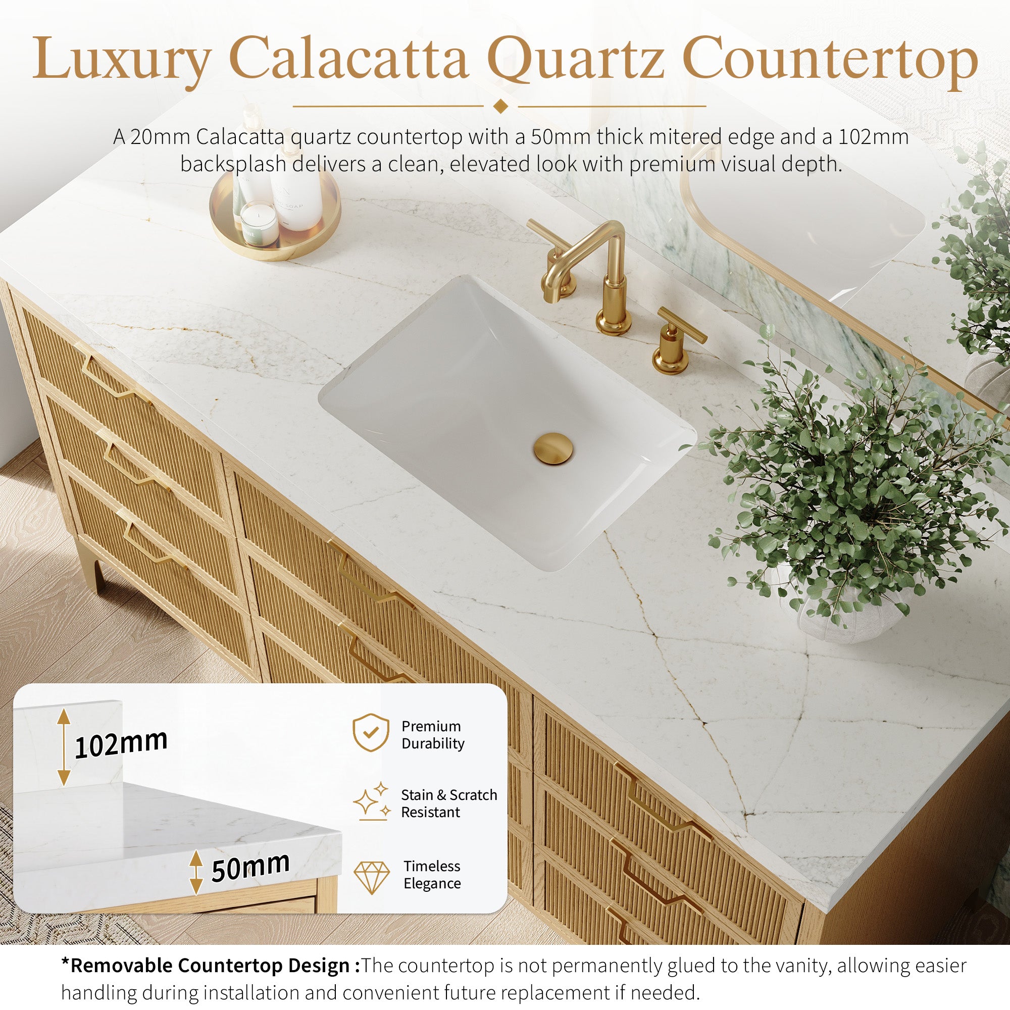 60 Inch Modern Solid Oak Bathroom Vanity with Calacatta Quartz Countertop, 9 Fluted Drawers & Brushed Gold Legs