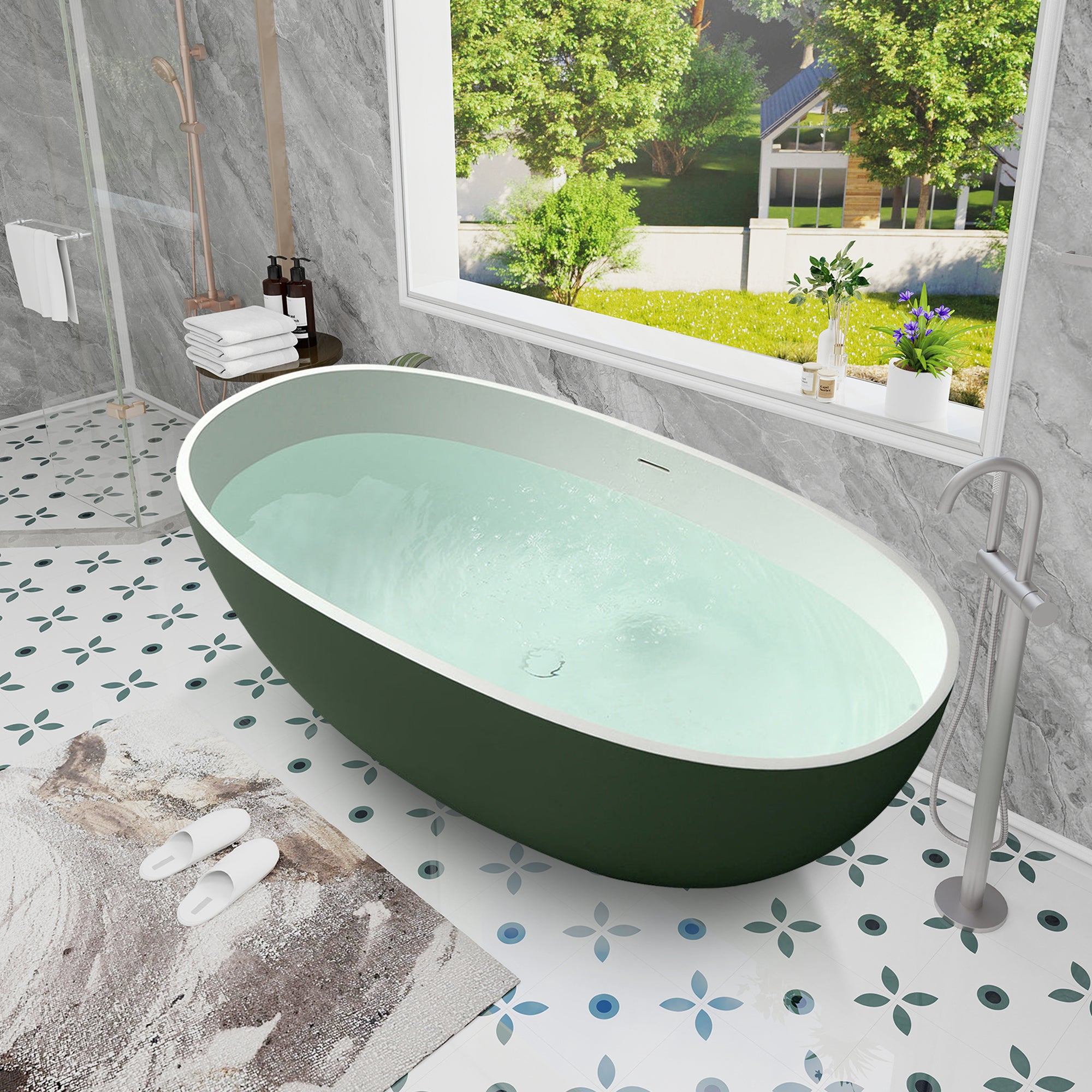 65" Stone Resin Solid Surface Flatbottom Free-Standing Bathtub Inside White Outside Green