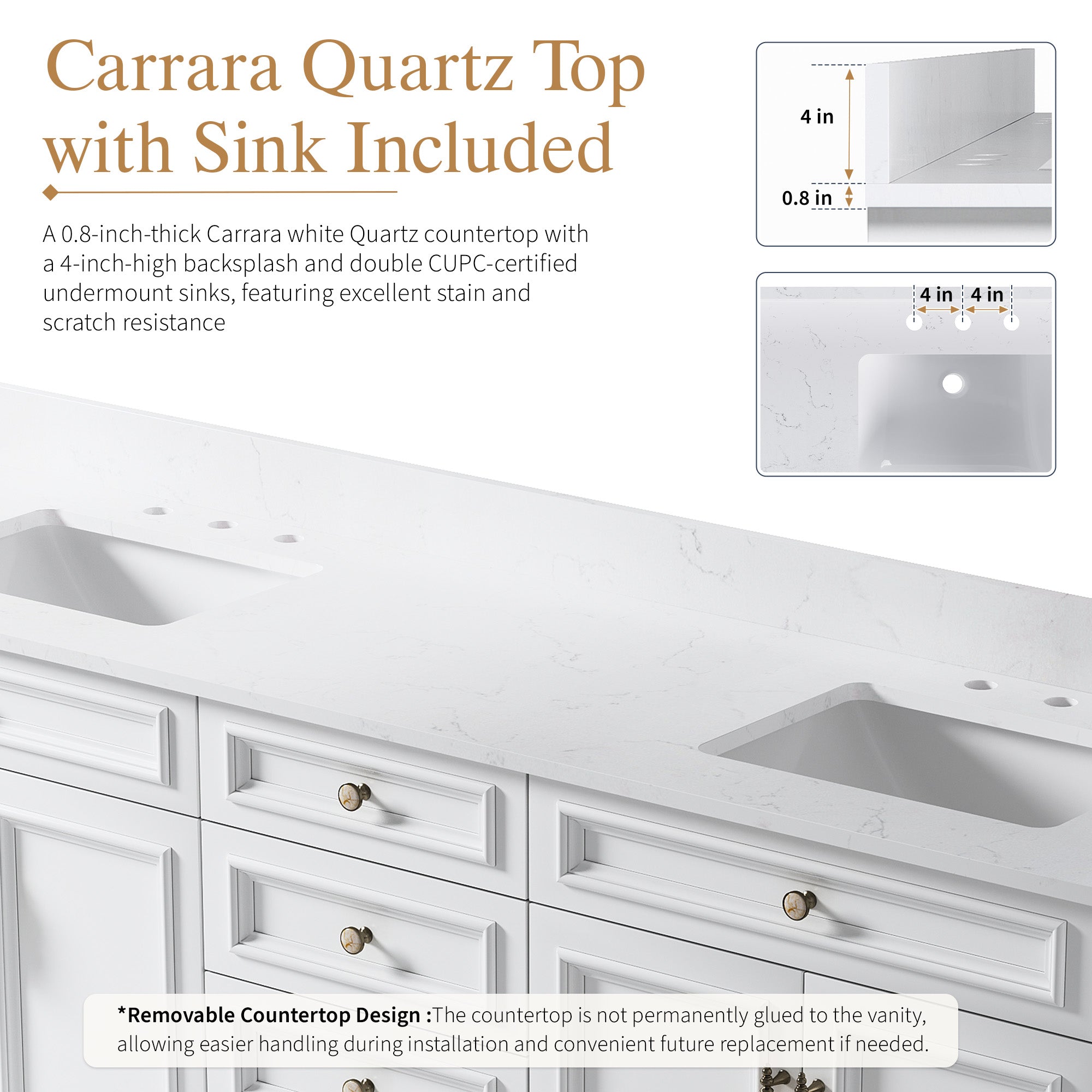 84 in. Freestanding Solid Wood Bathroom Vanity with Carrara White Quartz Countertop, White