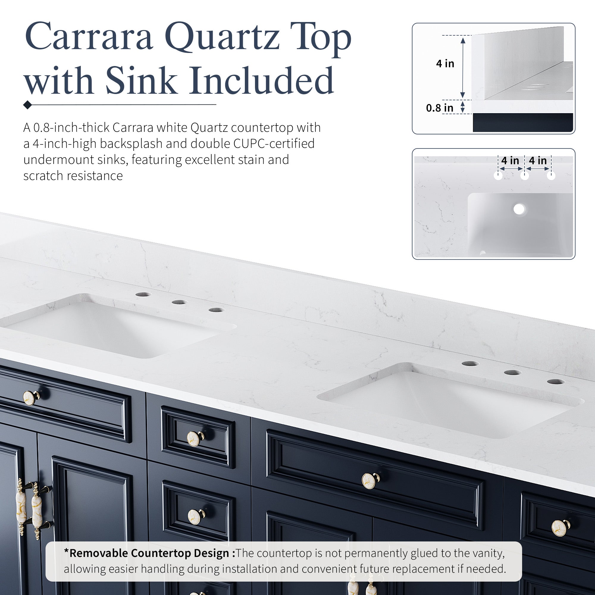 84 in. Freestanding Solid Wood Bathroom Vanity with Carrara White Quartz Countertop, Navy Blue