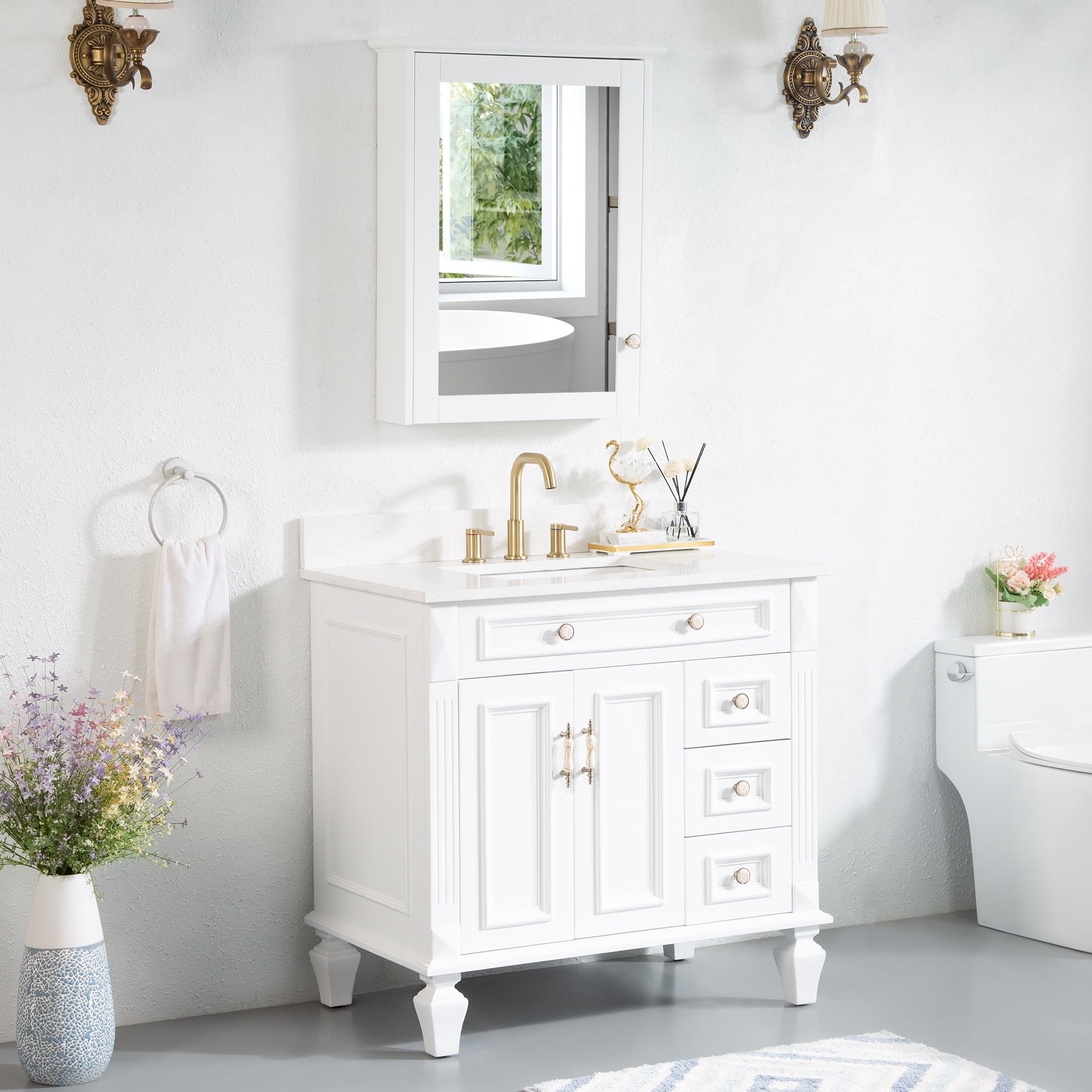 36 in. White Freestanding Solid Wood Bathroom Vanity Storage Organizer with Carrara White Quartz Countertop