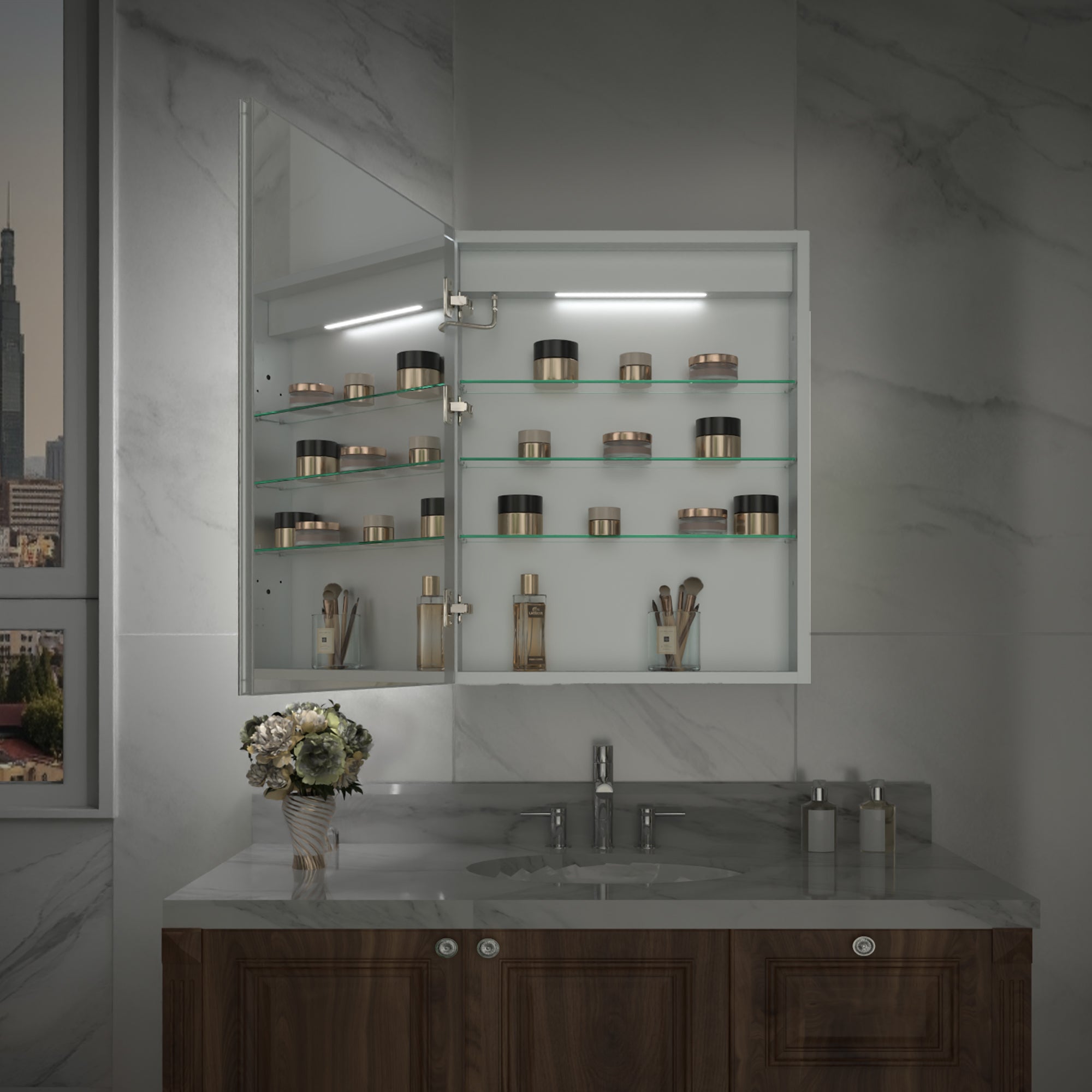 24 in. x 30 in. Recessed/Surface Mount Left Medicine Cabinet with Mirror and LED Light, All-Plastic Cabinet Body