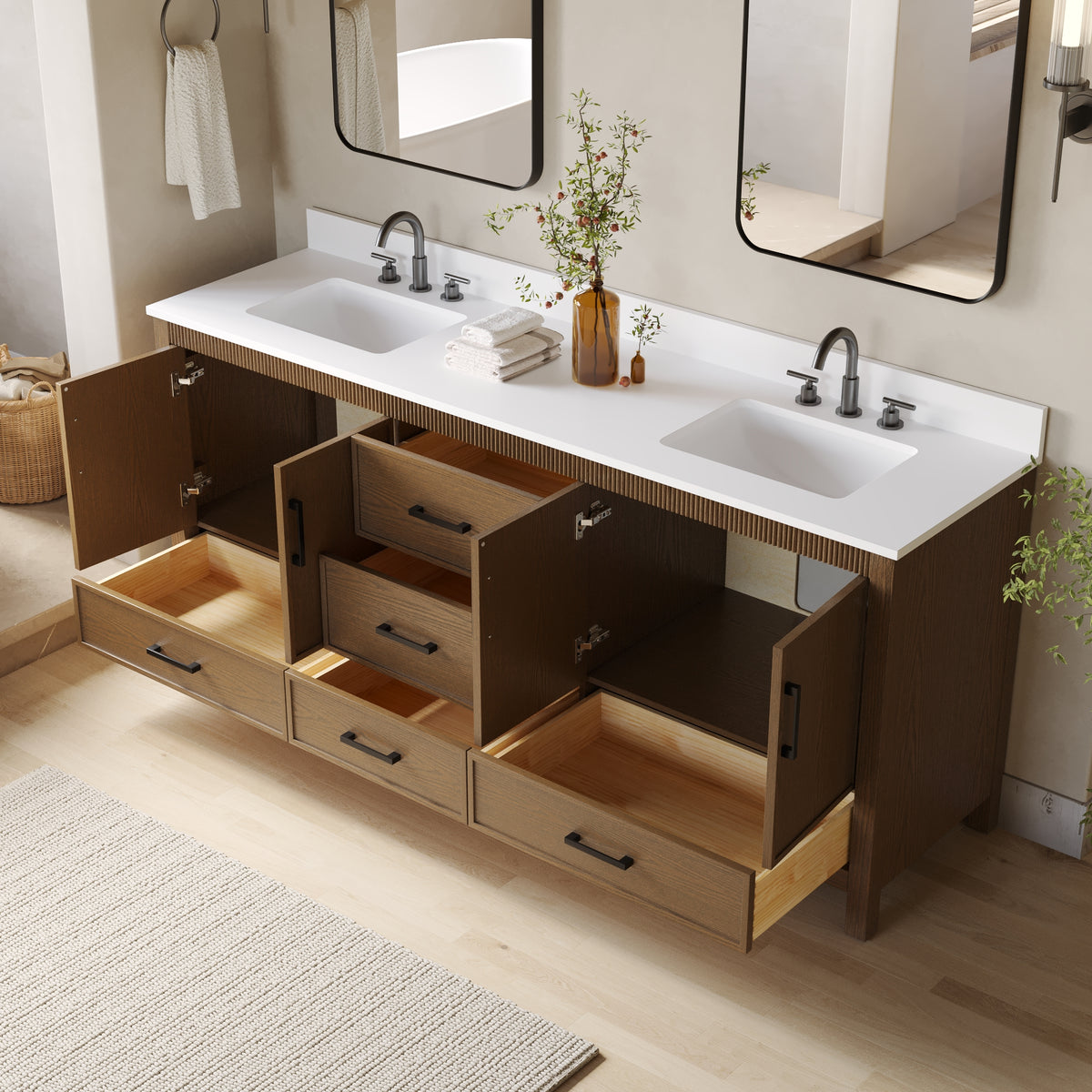 80 Inch Freestanding Solid Wood Bathroom Vanity with Pure White Quartz Countertop, 4 Soft-Close Doors & 5 Dovetail Drawers, Walnut