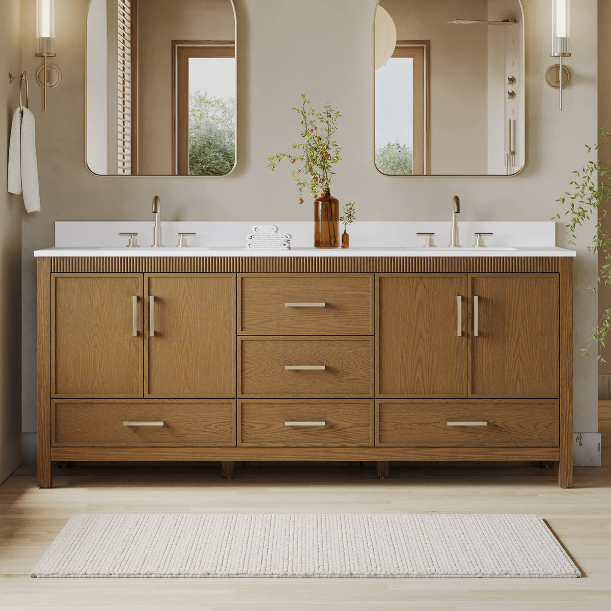 80 Inch Freestanding Solid Wood Bathroom Vanity with Pure White Quartz Countertop, 4 Soft-Close Doors & 5 Dovetail Drawers, Walnut