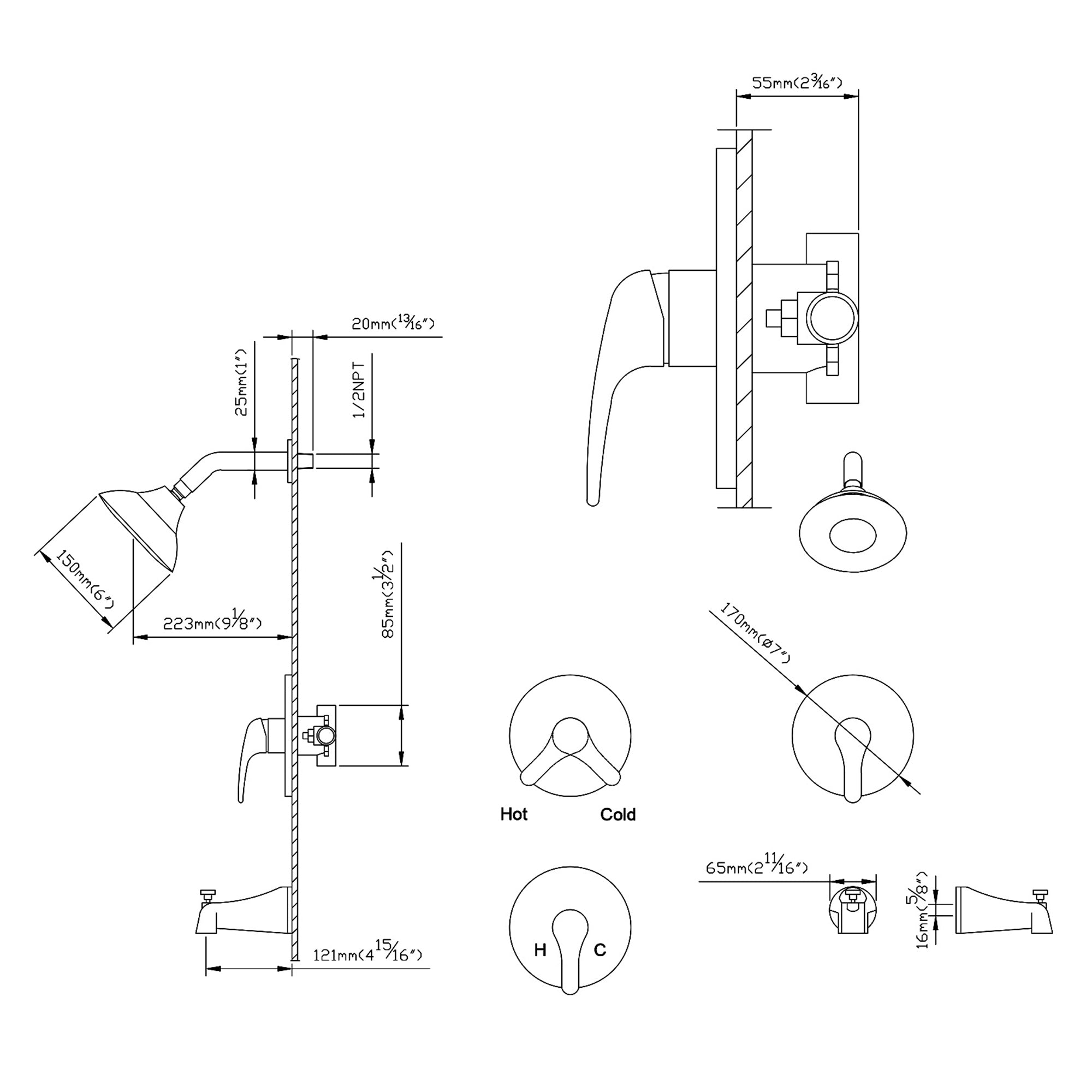 6 Inch Wall Mounted Shower Faucet With Rough-In Valve And Tub Spout