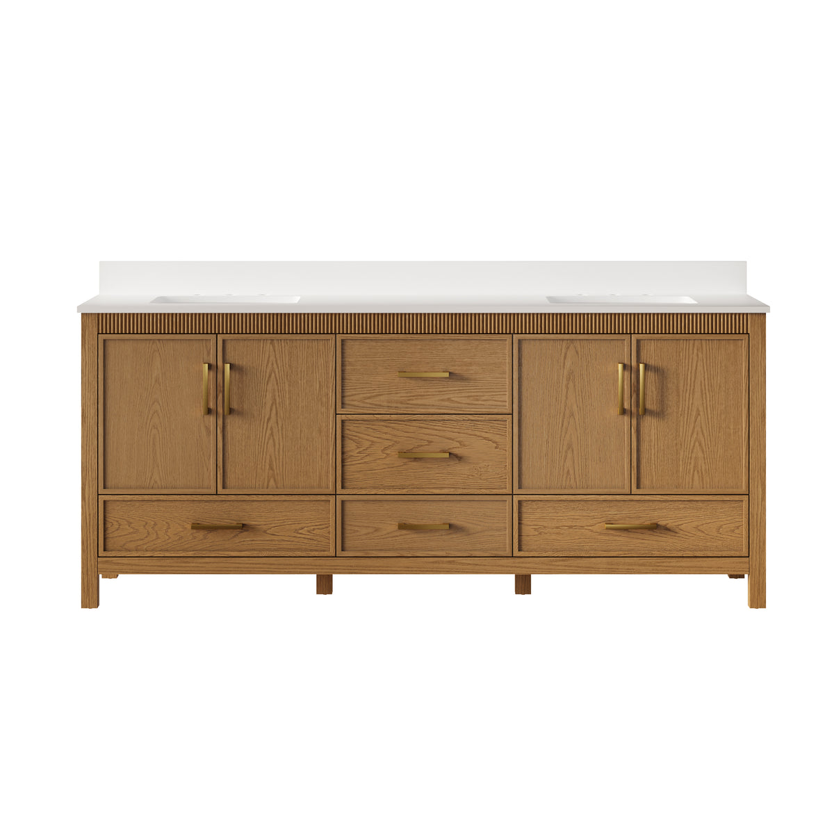 80 Inch Freestanding Solid Wood Bathroom Vanity with Pure White Quartz Countertop, 4 Soft-Close Doors & 5 Dovetail Drawers, Walnut