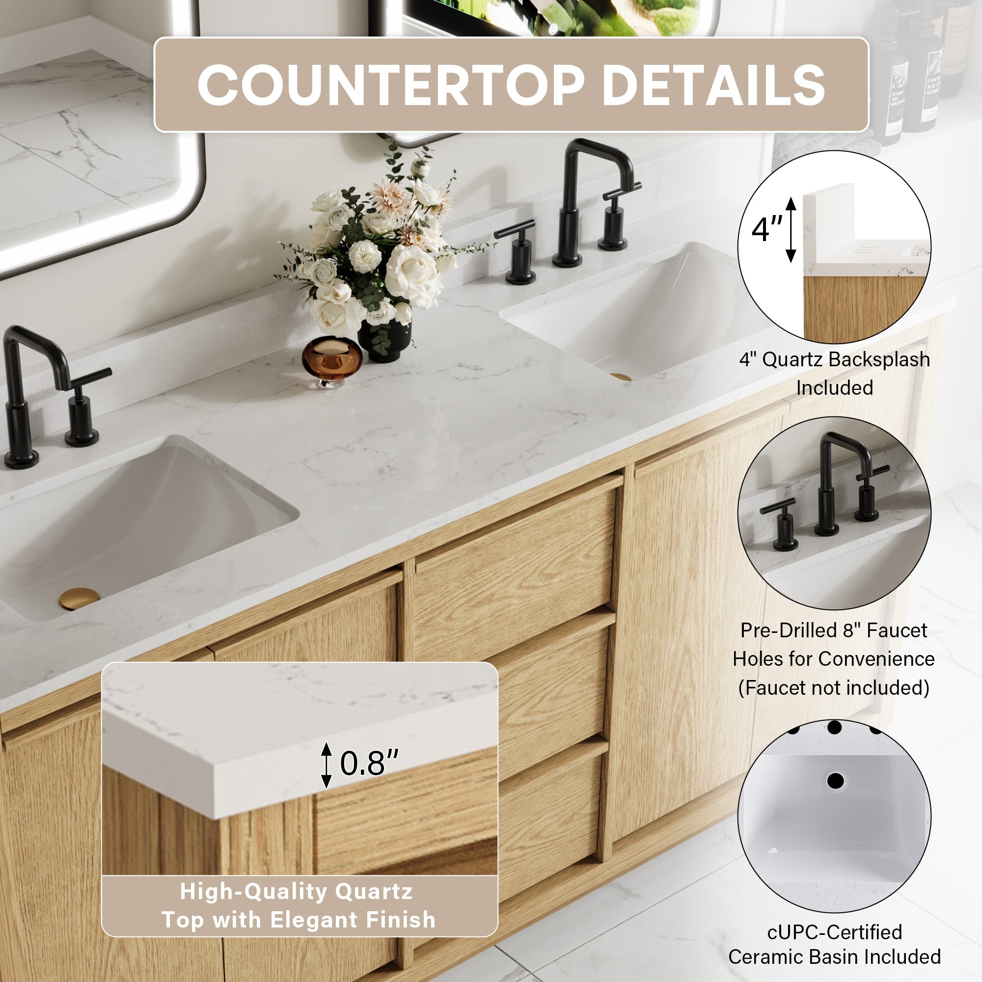 72 Inch Oak Soild Wood Bathroom Vanity with Double Undermount Sinks, 3 Dovetail-constructed Drawers and 4 Soft-close Doors