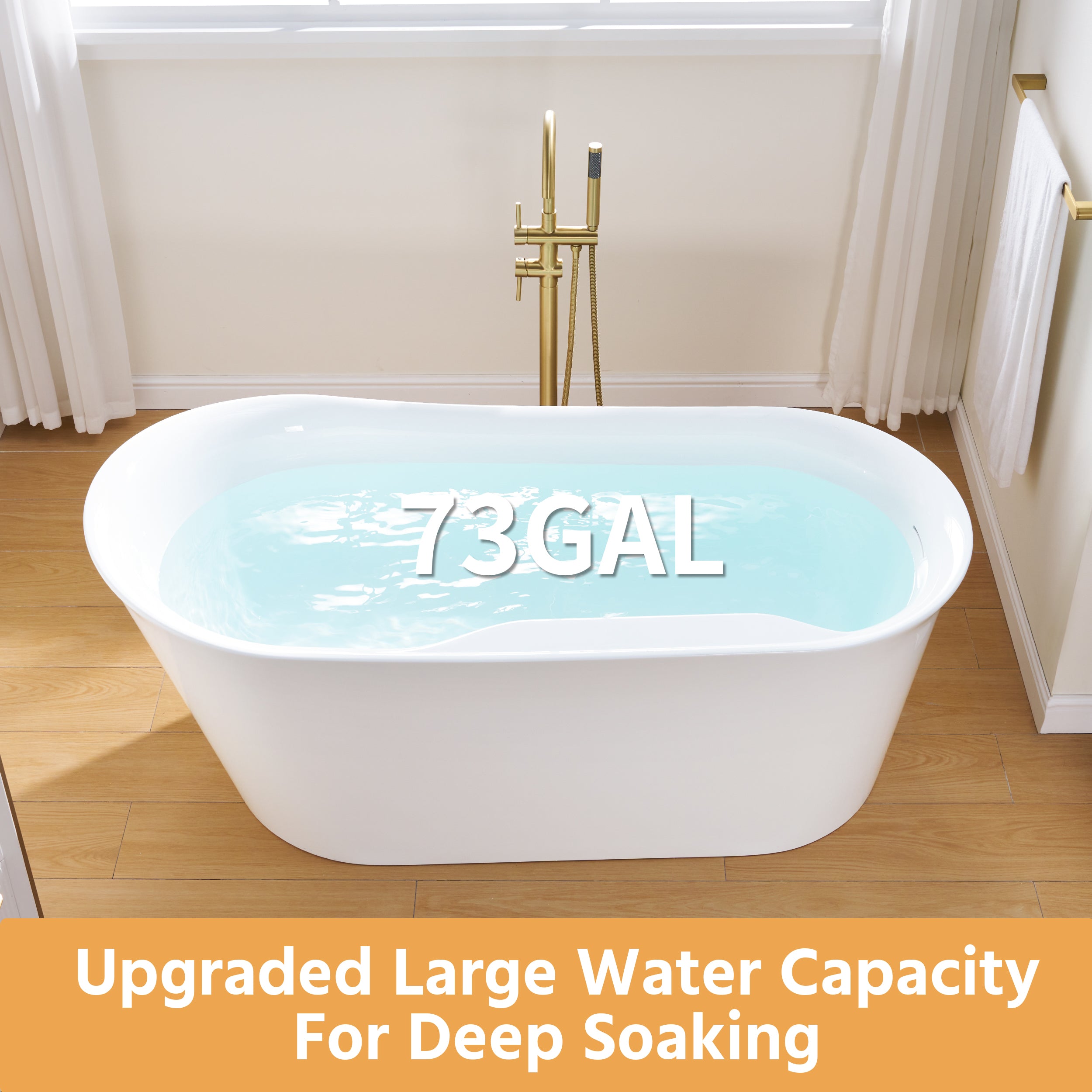 66" Freestanding Glossy White Acrylic Bathtub with Overflow and Drainage