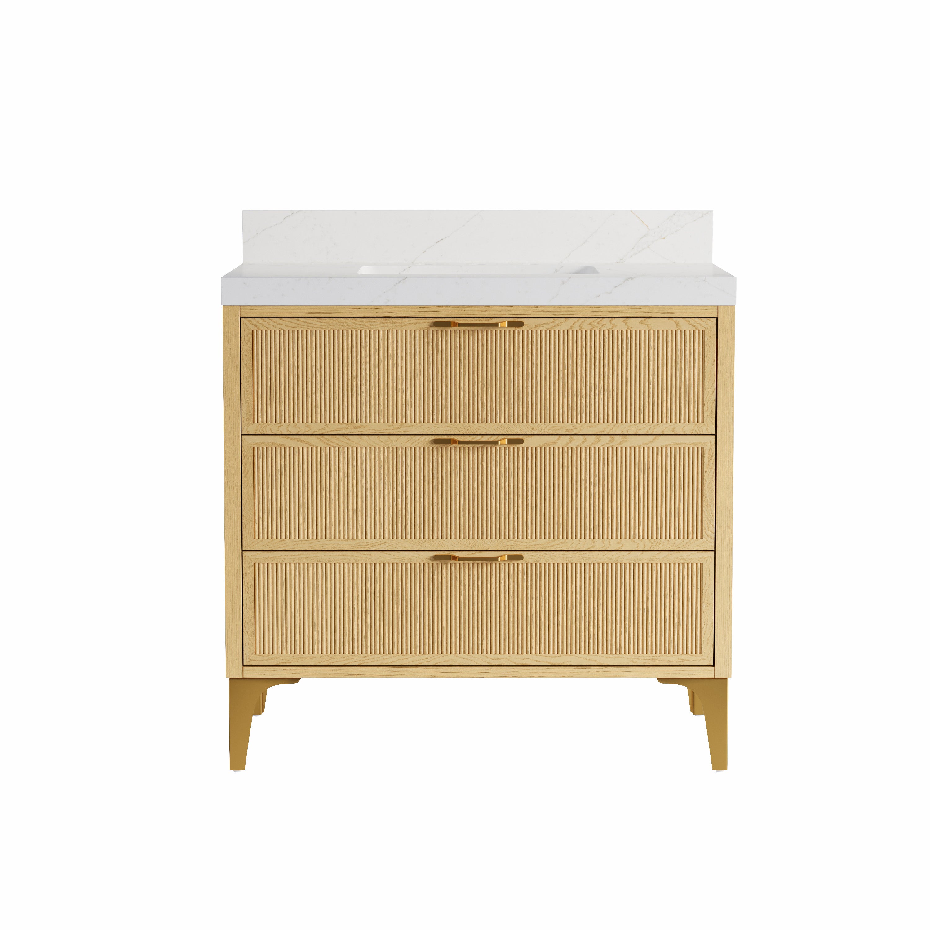36 Inch Modern Solid Oak Bathroom Vanity with Calacatta Quartz Countertop, 3 Fluted Drawers & Brushed Gold Legs