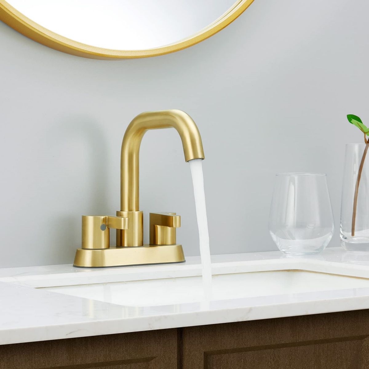 Brushed Gold 4 Inch Centerset 2 Handle Bathroom Faucet with Pop Up Drain