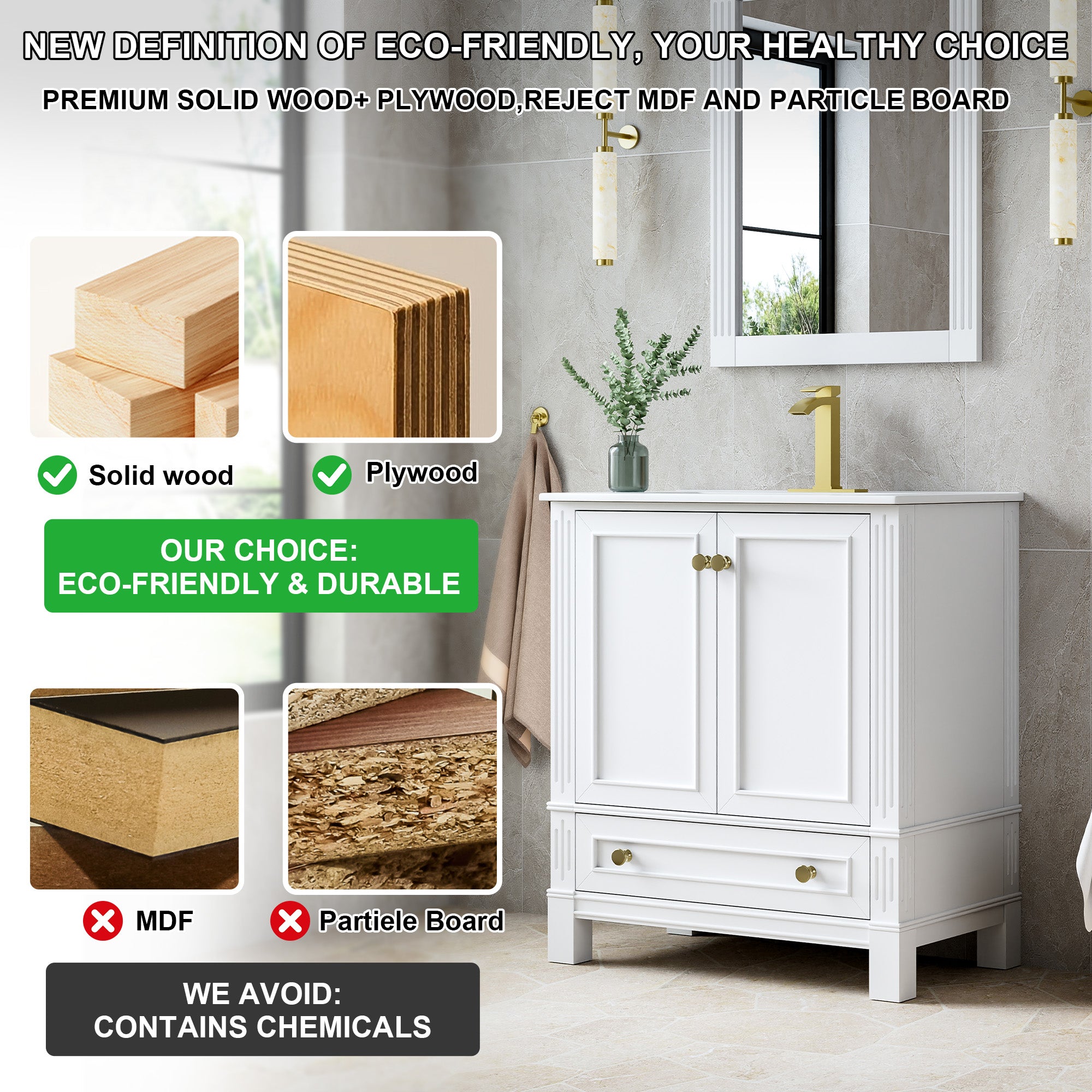 30 Inch Solid Wood Bathroom Vanity with cUPC Ceramic Basin, Soft-Close Doors and Brushed Gold Alloy Knobs