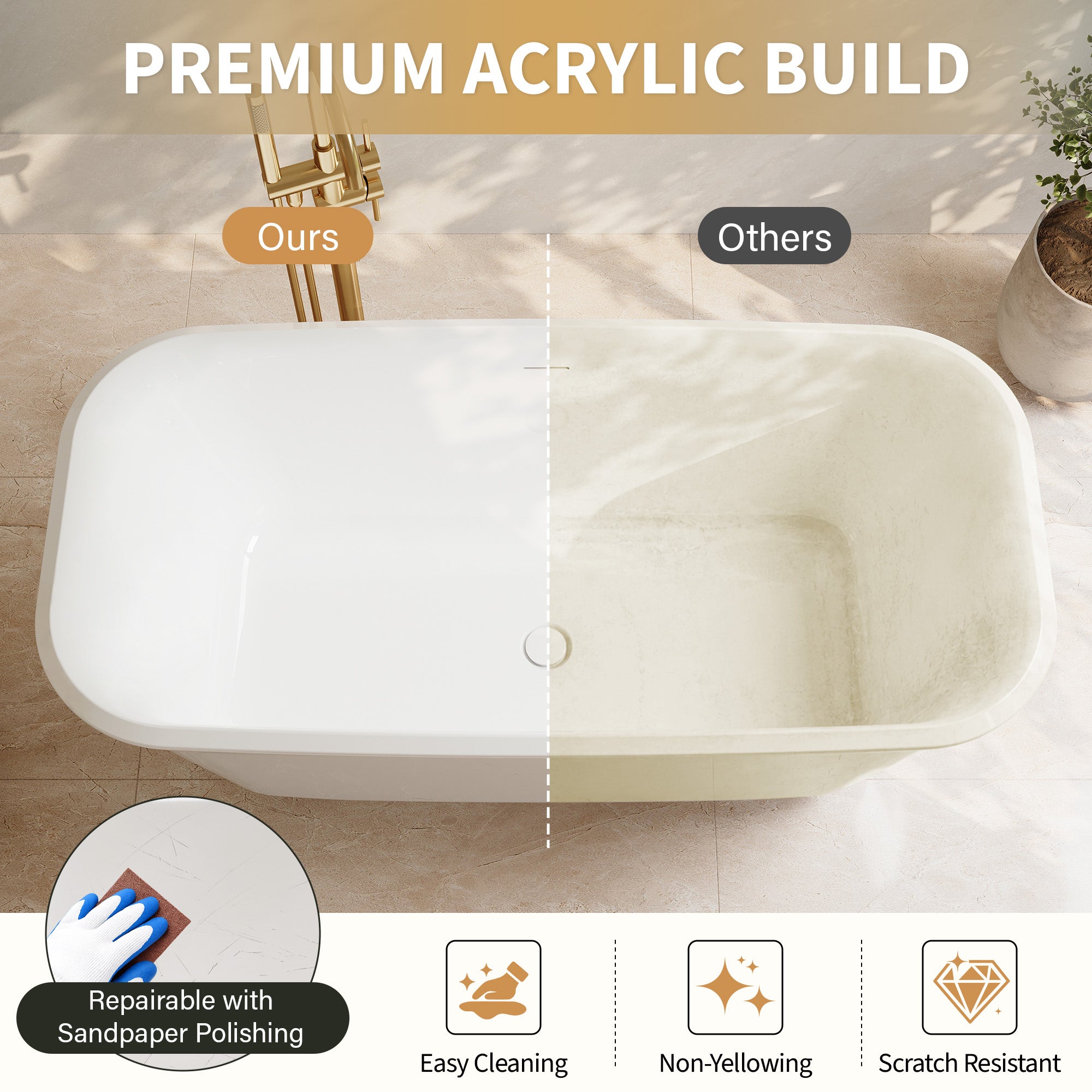 59" Modern Freestanding Acrylic Soaking Bathtub – 64 Gallon Deep Soaker Tub with Integrated Overflow