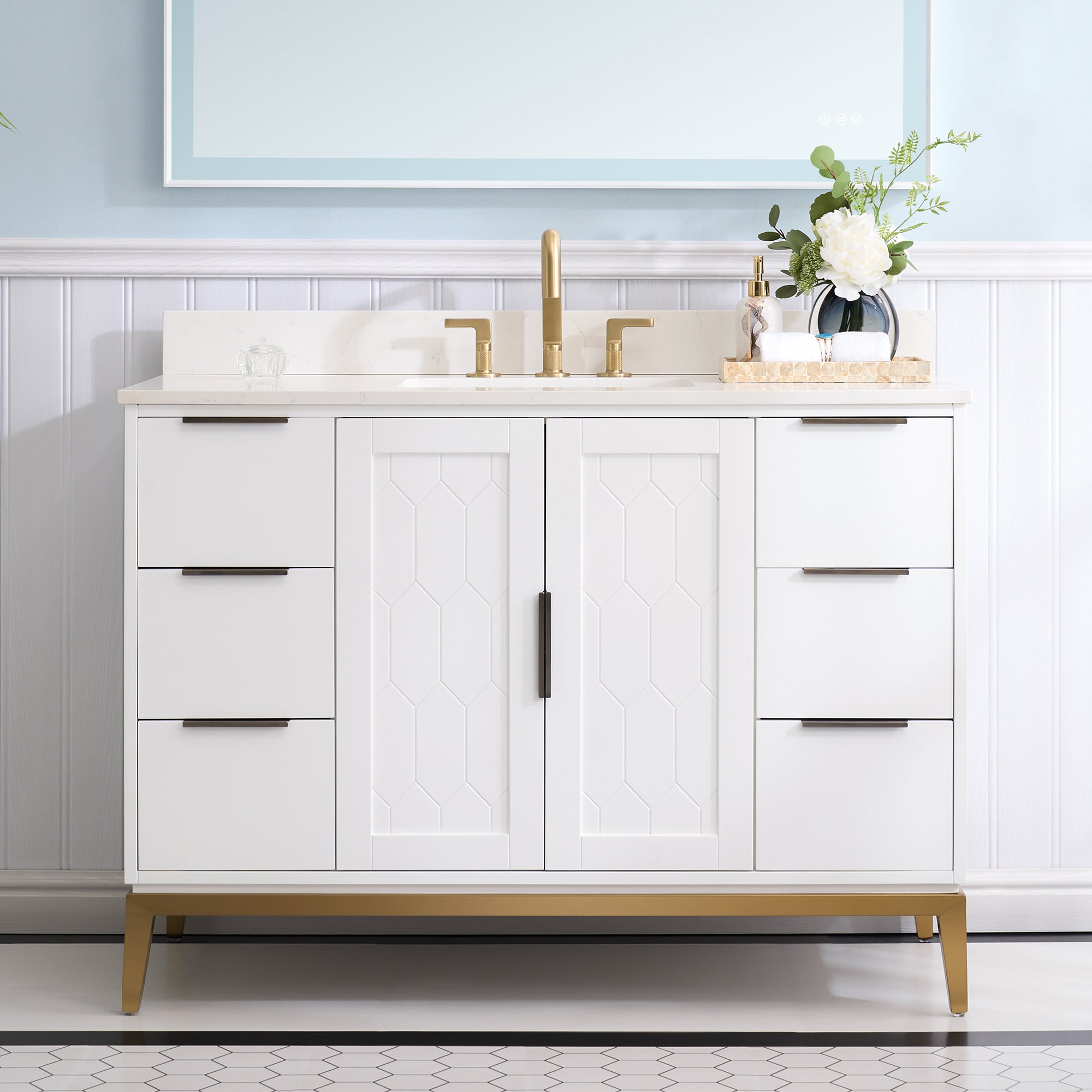 48 in. Freestanding Bathroom Vanity in White with Carrara White Quartz Vanity Top with Single Undermount Sink