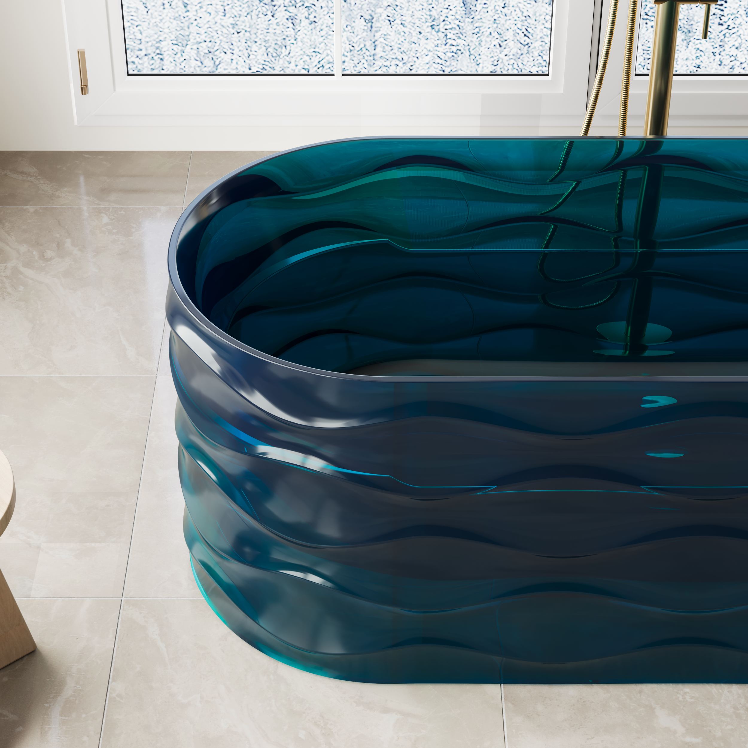 62" Pure Resin Transparent Freestanding Bathtub with Drain, Transparent Sea Blue