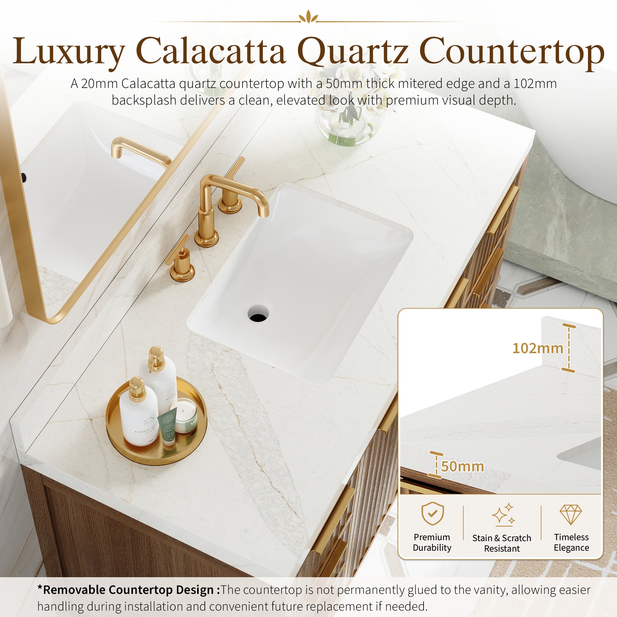 48 Inch Luxury Solid Oak Bathroom Vanity with Calacatta Quartz Countertop & 6 Dovetail Drawers and 2 Soft-close Doors