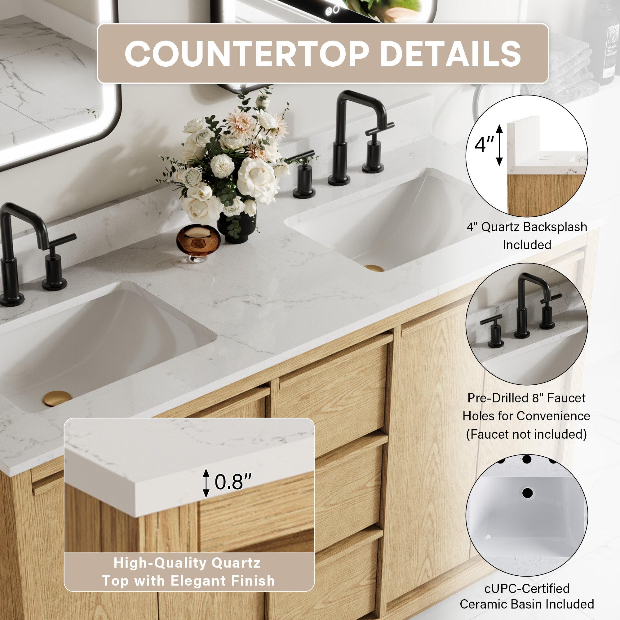 60 Inch Oak Soild Wood Bathroom Vanity with Double Undermount Sinks, 3 Dovetail-constructed Drawers and 4 Soft-close Doors