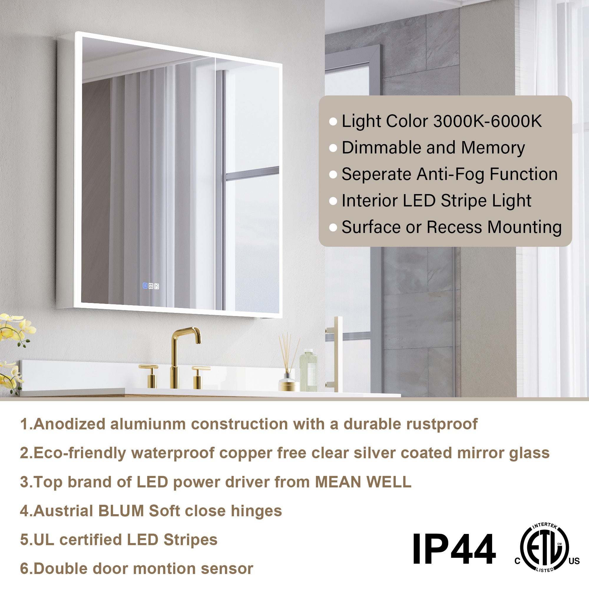 36 in. x 36 in. Recessed/Surface Mount LED Medicine Cabinet with 3X Magnifier Glass Mirror and Dual Doors