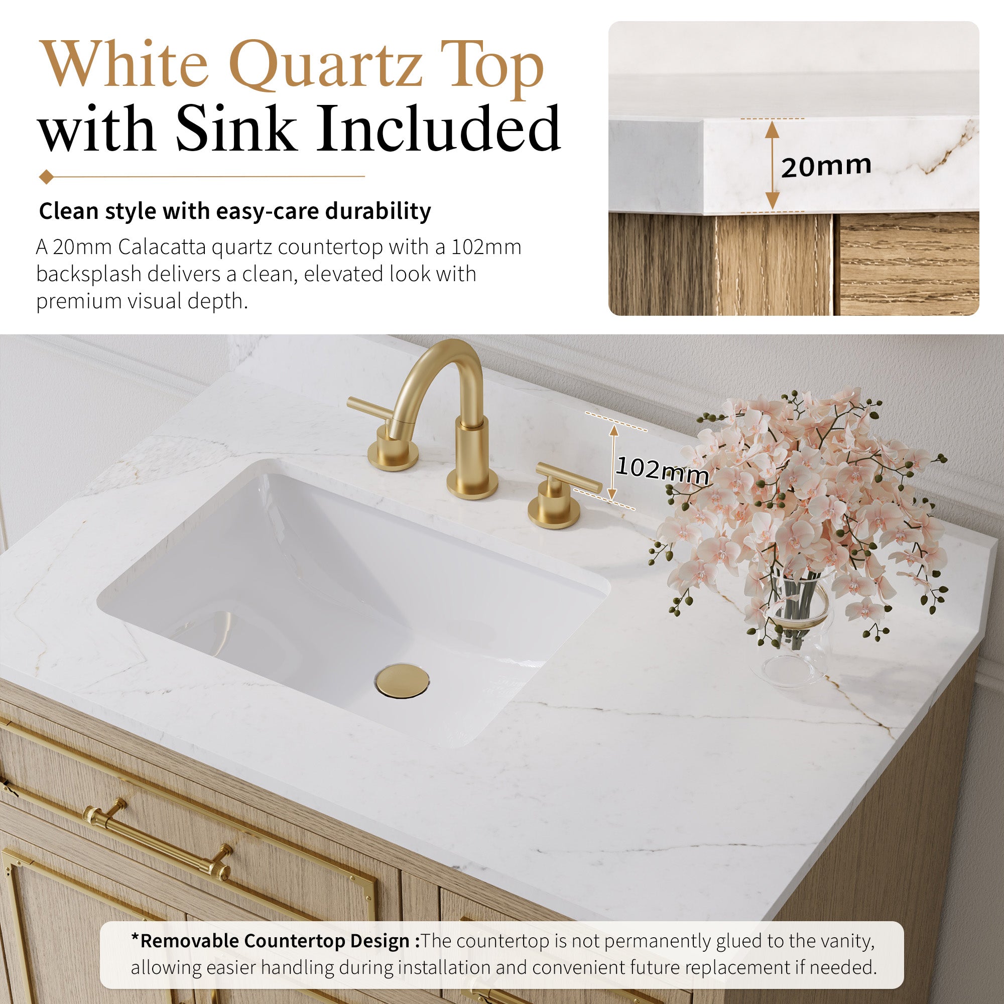 36 Inch Luxury Solid Oak Bathroom Vanity with Calacatta Quartz Countertop & Sink, 3 Soft-Close Drawers and 1 Flip Drawer