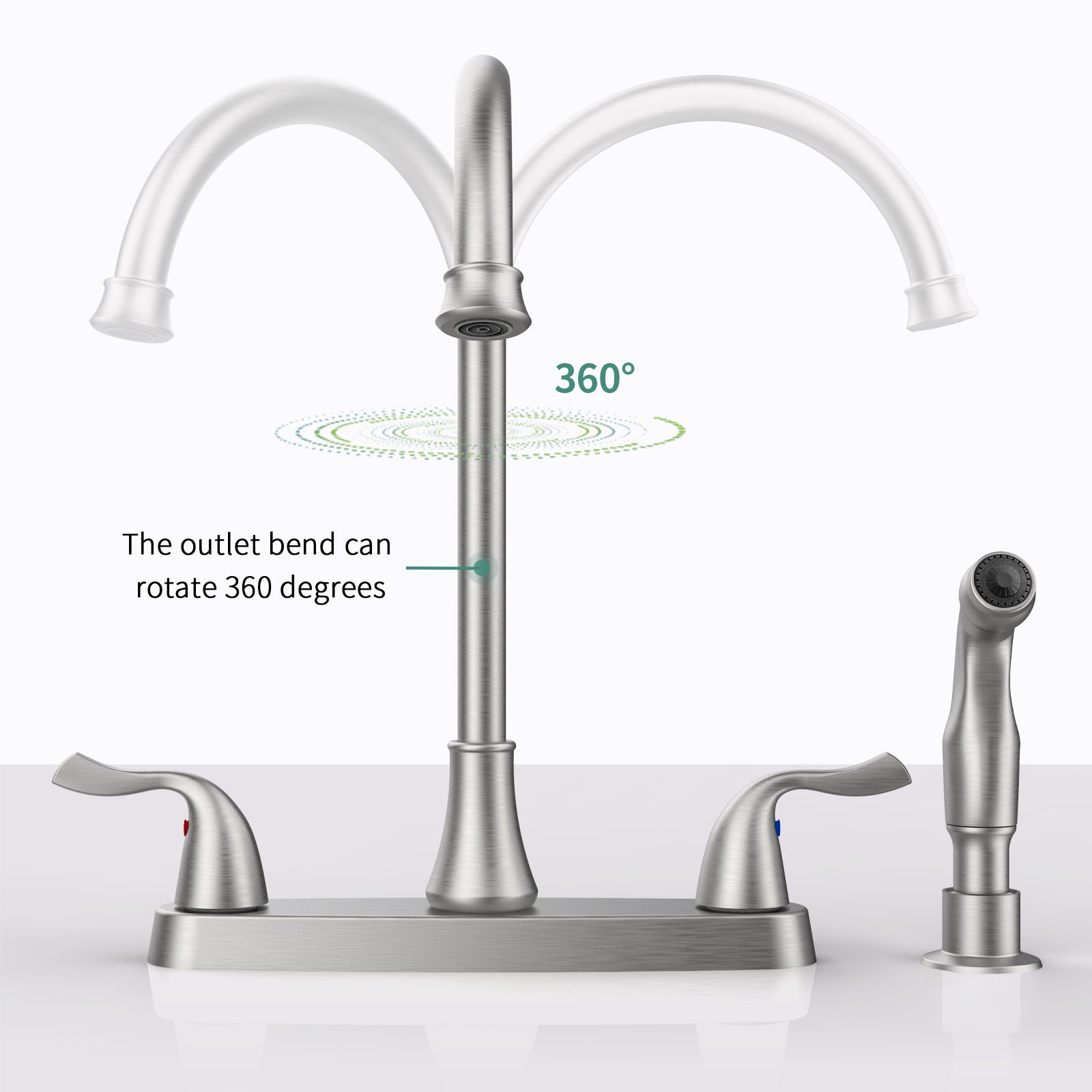 Brushed Nickel Two Handle Kitchen Faucet with 360 Swivel Pull Out Sprayer