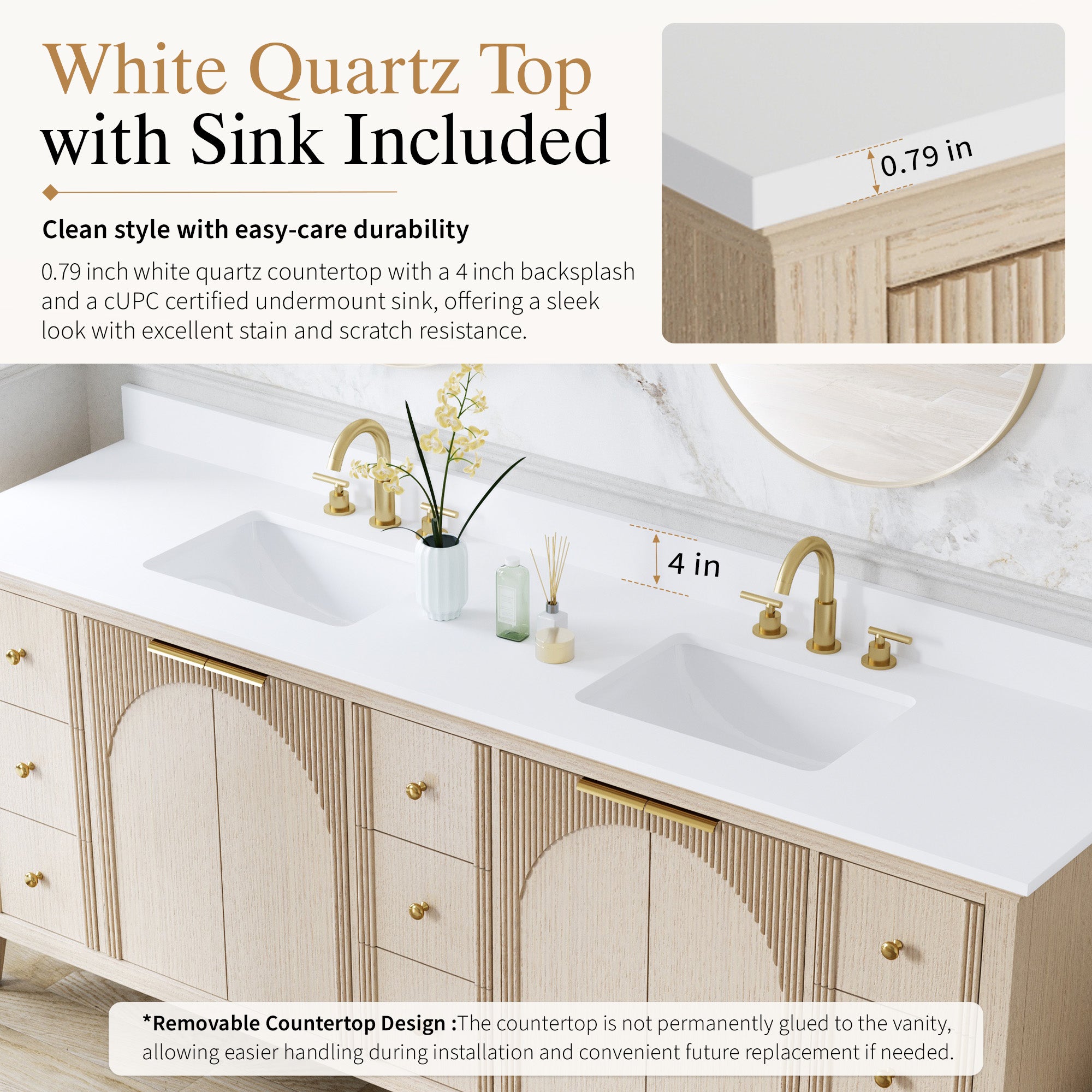 84 Inch Modern Light Oak Solid Wood Bathroom Vanity with White Quartz Countertop & 9 Soft-Close Drawers