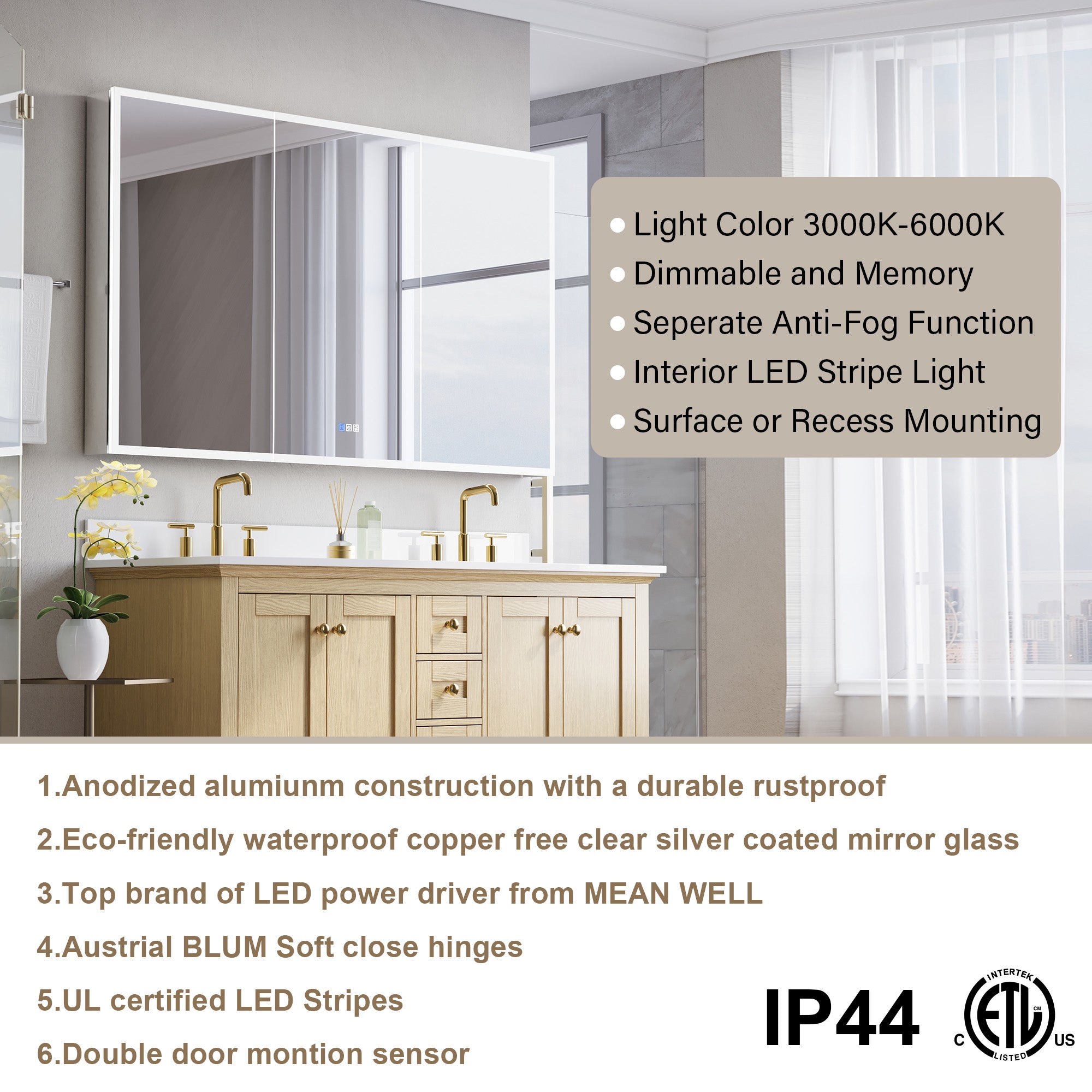 60 in. x 36 in. Recessed/Surface Mount LED Medicine Cabinet with 3X Magnifier Glass Mirror, Anti-Fog