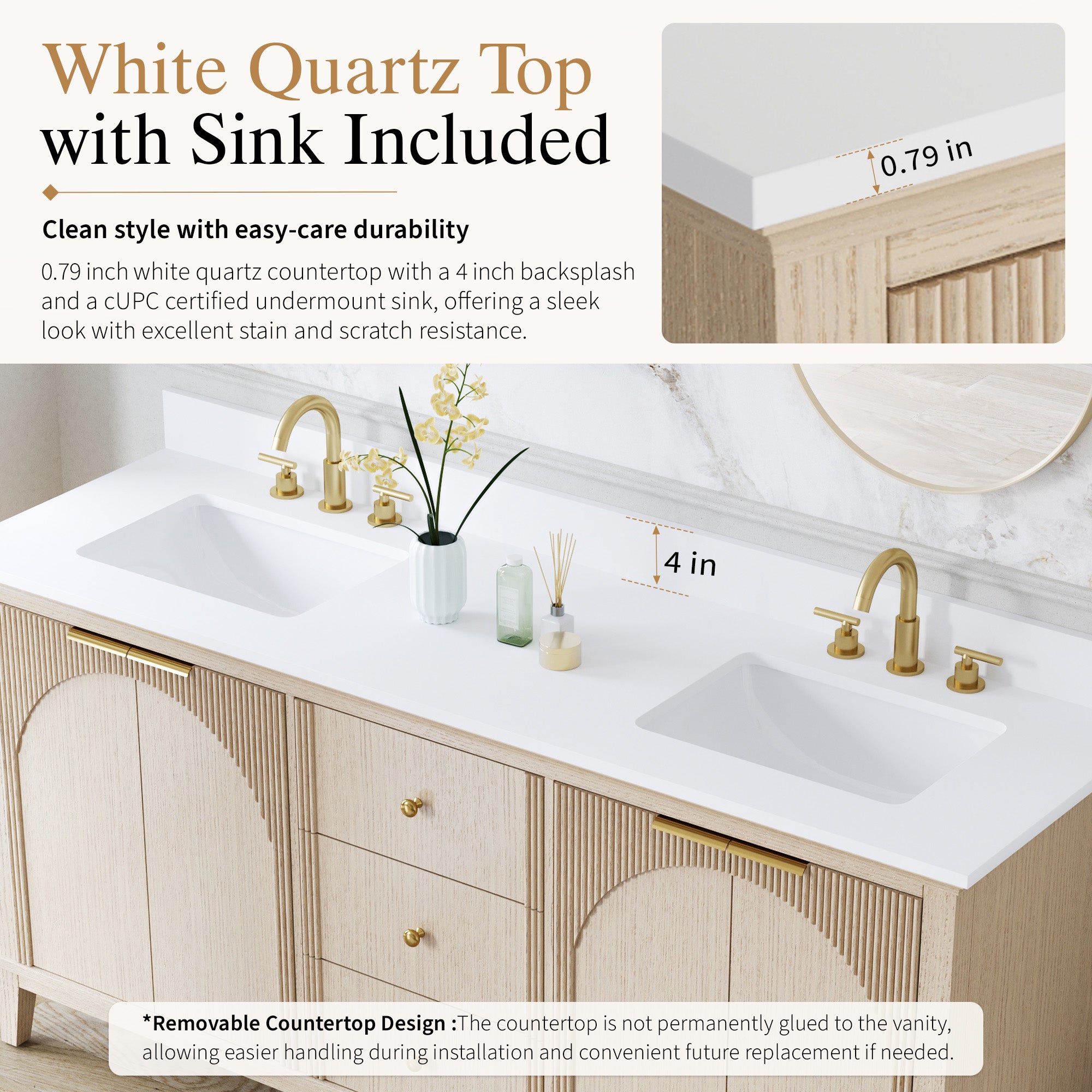 72 Inch Modern Light Oak Solid Wood Bathroom Vanity with White Quartz Countertop & 3 Soft-Close Drawers