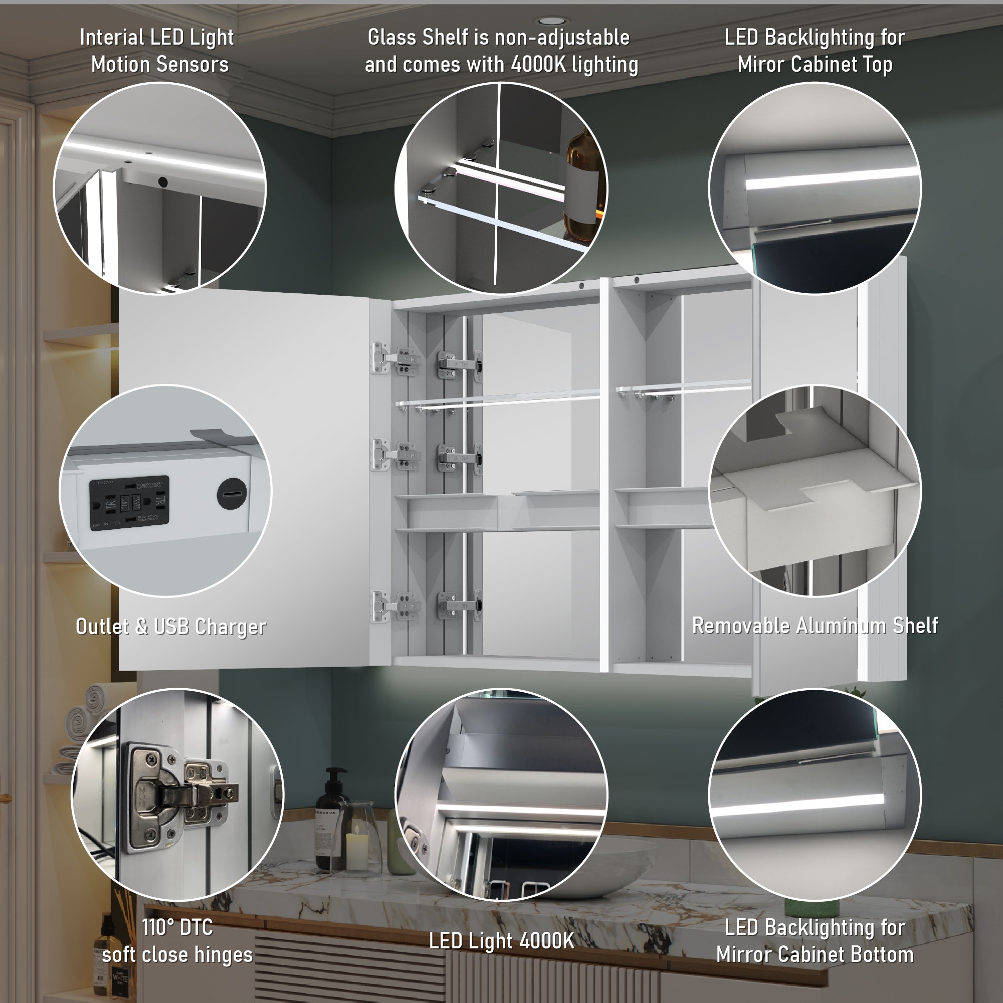 48 in. x 30 in. Lighted LED Fog Free Surface Mount Silver Mirrored Soft Close Medicine Cabinet