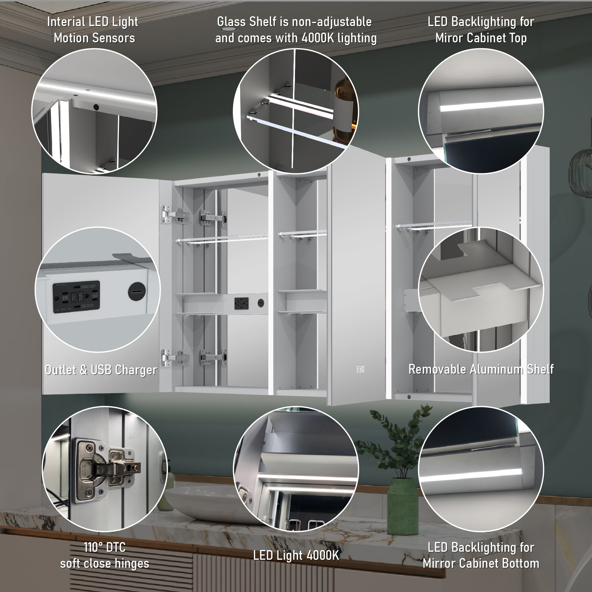 60 in. x 30 in. Lighted LED Fog Free Surface Mount Silver Mirrored Soft Close Medicine Cabinet