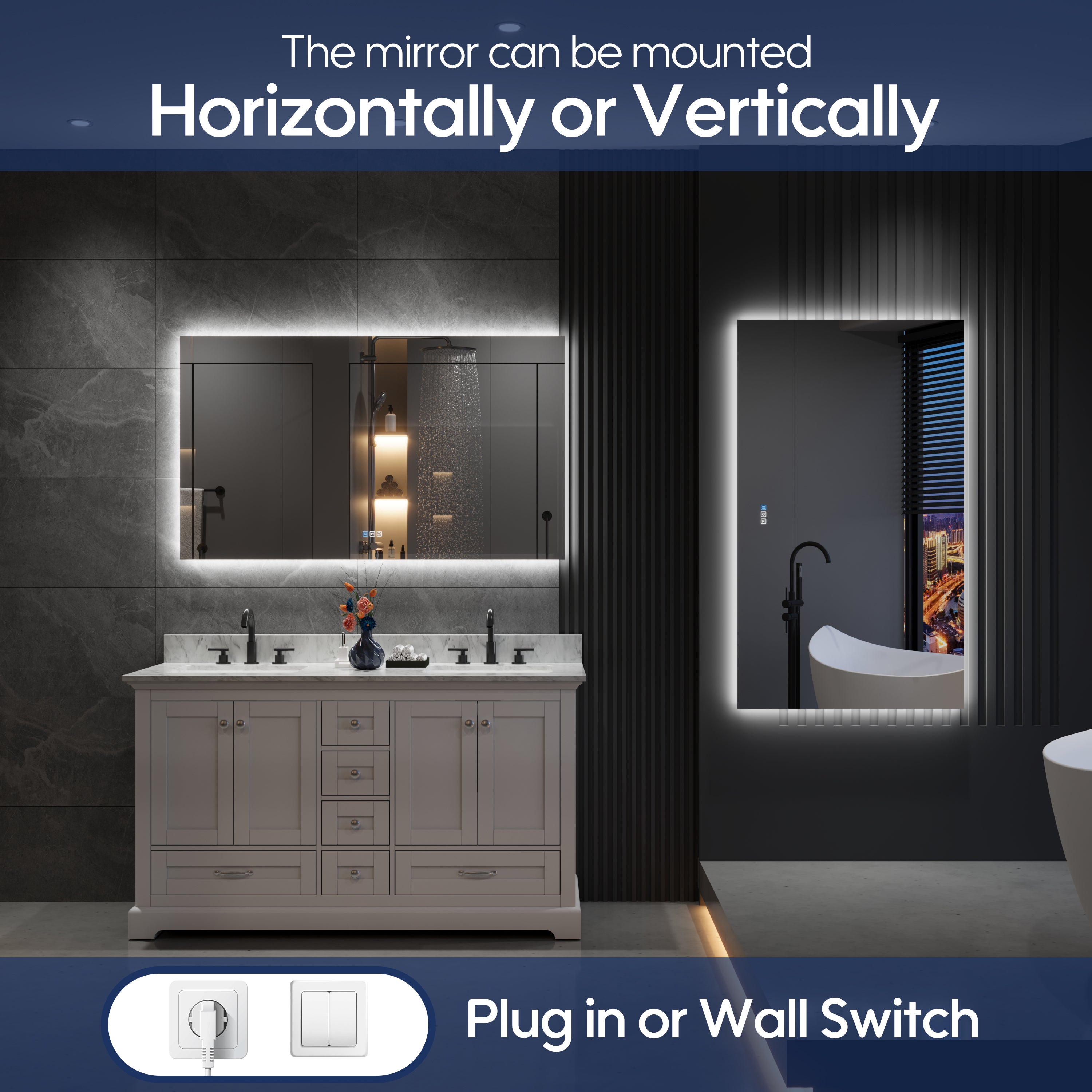 55 in. W x 32 in. H Rectangular Frameless Anti-Fog LED Light Dimmable Bathroom Vanity Mirror in Aluminum