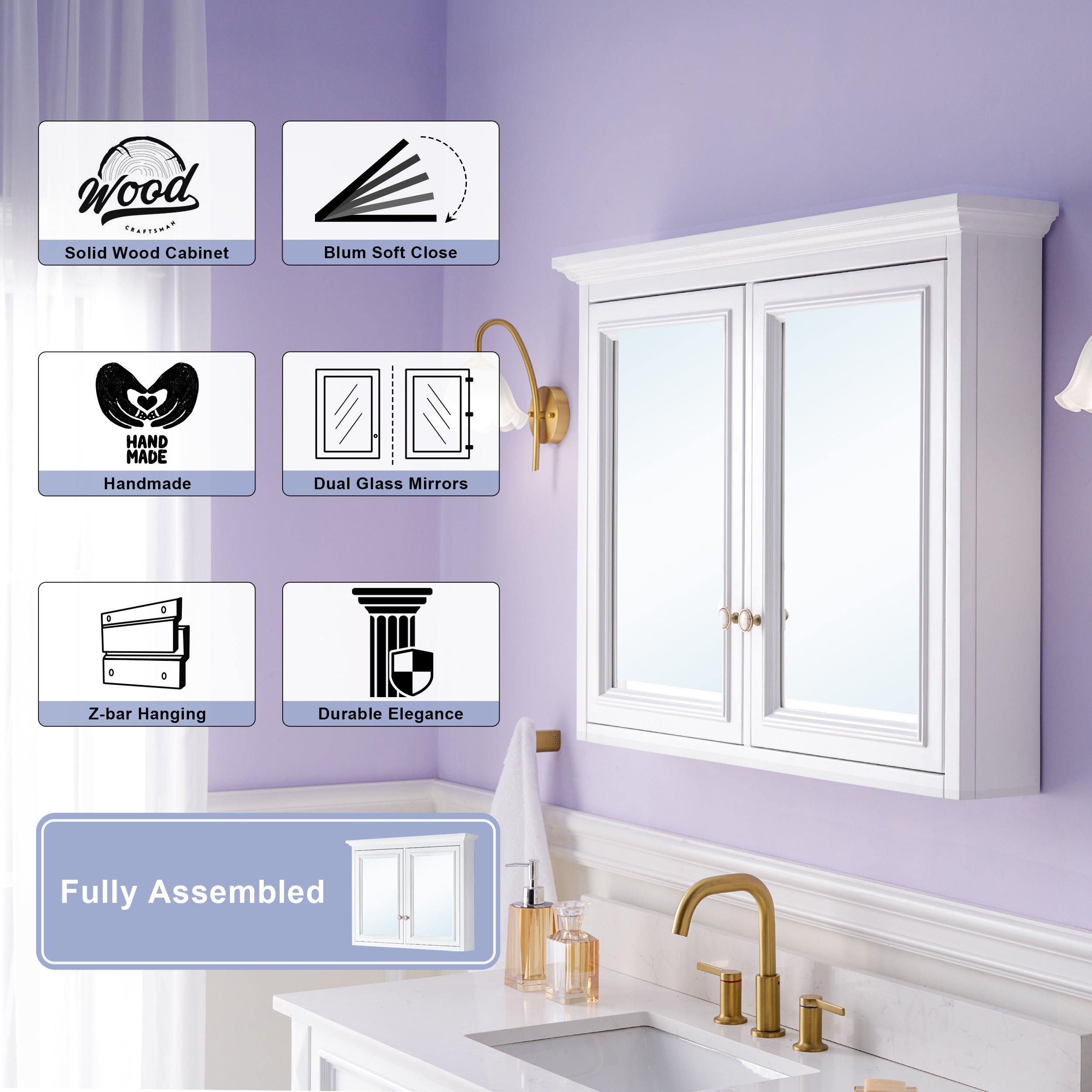 40 in. W x 30 in. H Solid Wood Surface-Mount Medicine Cabinet with Mirror, Z-Bar Hangs Vertically