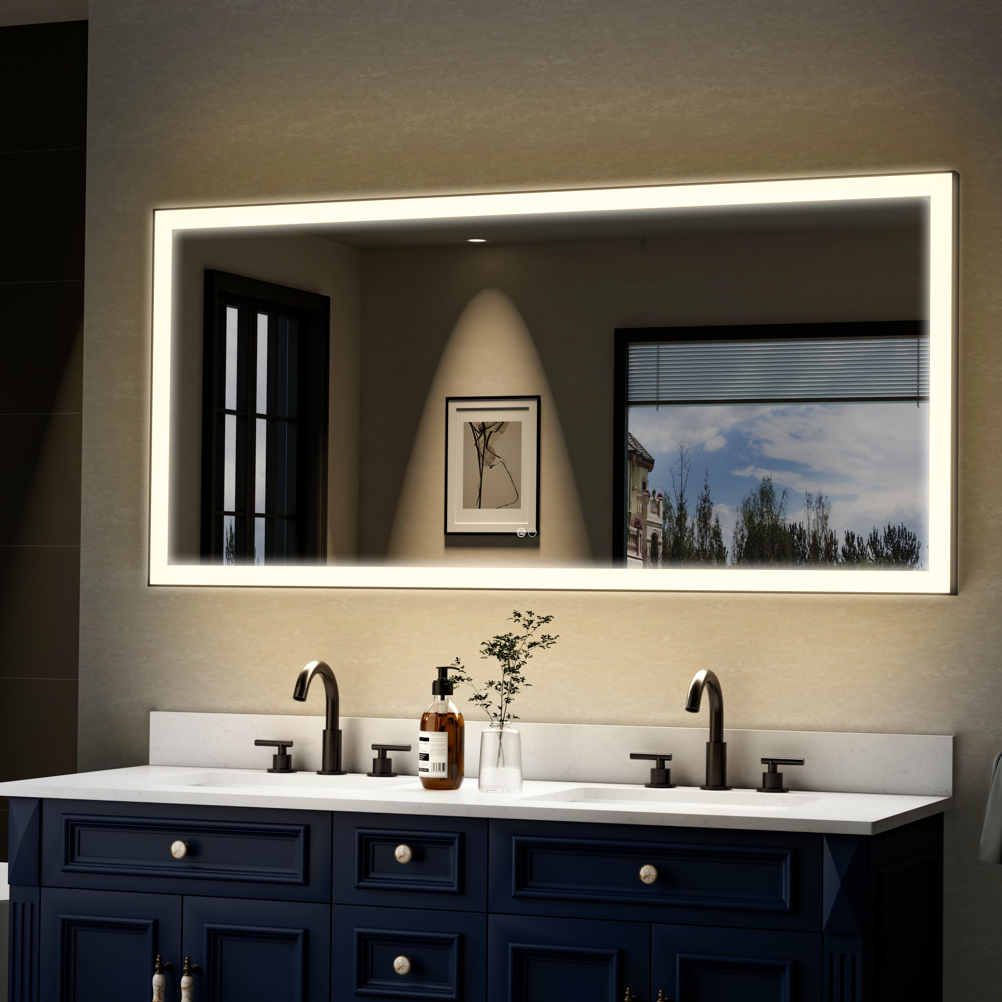 60 in. W x 28 in. H Aluminium Framed Rectangular LED Light Bathroom Vanity Mirror in Matte Black