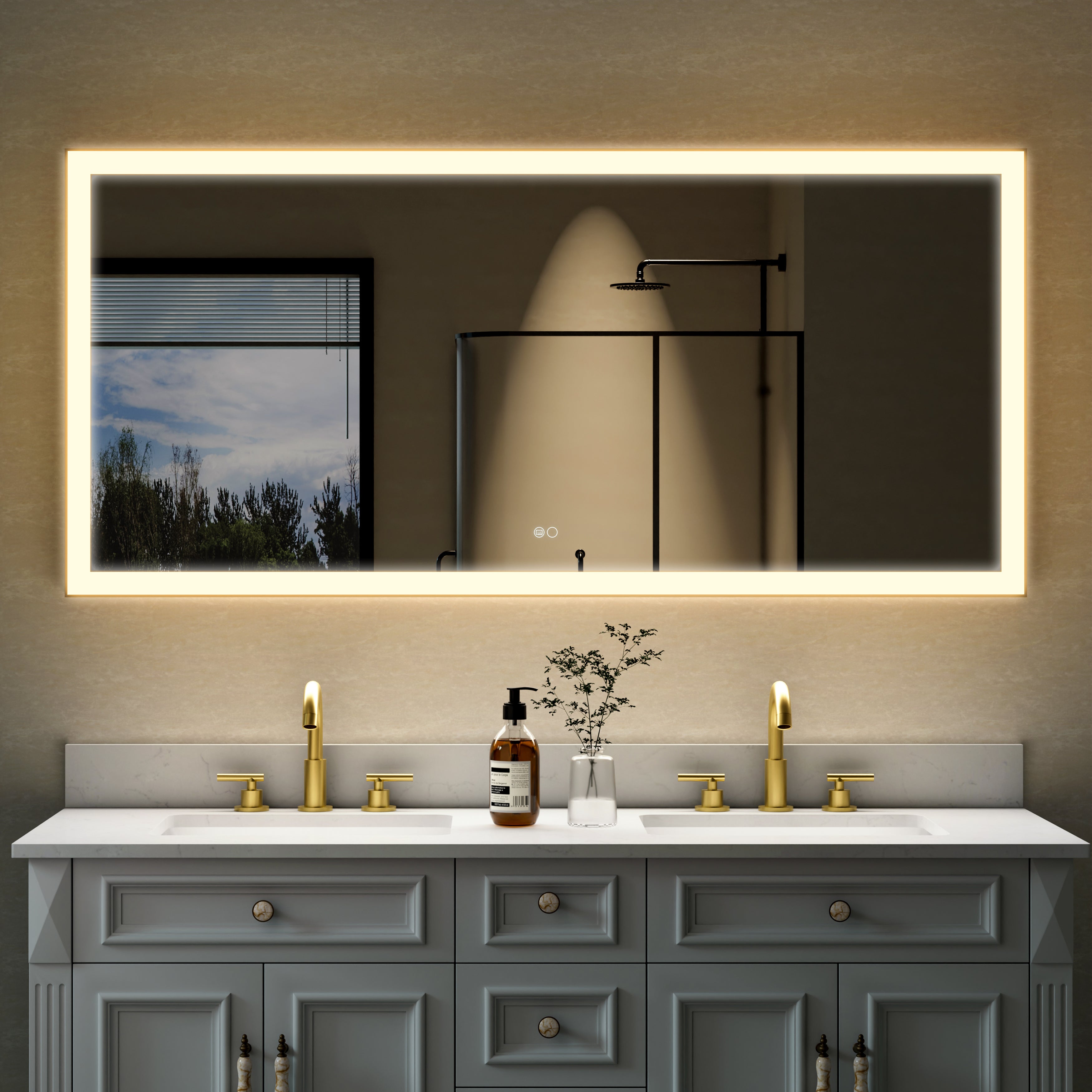 60 in. W x 28 in. H Aluminium Framed Rectangular LED Light Bathroom Vanity Mirror in Gold