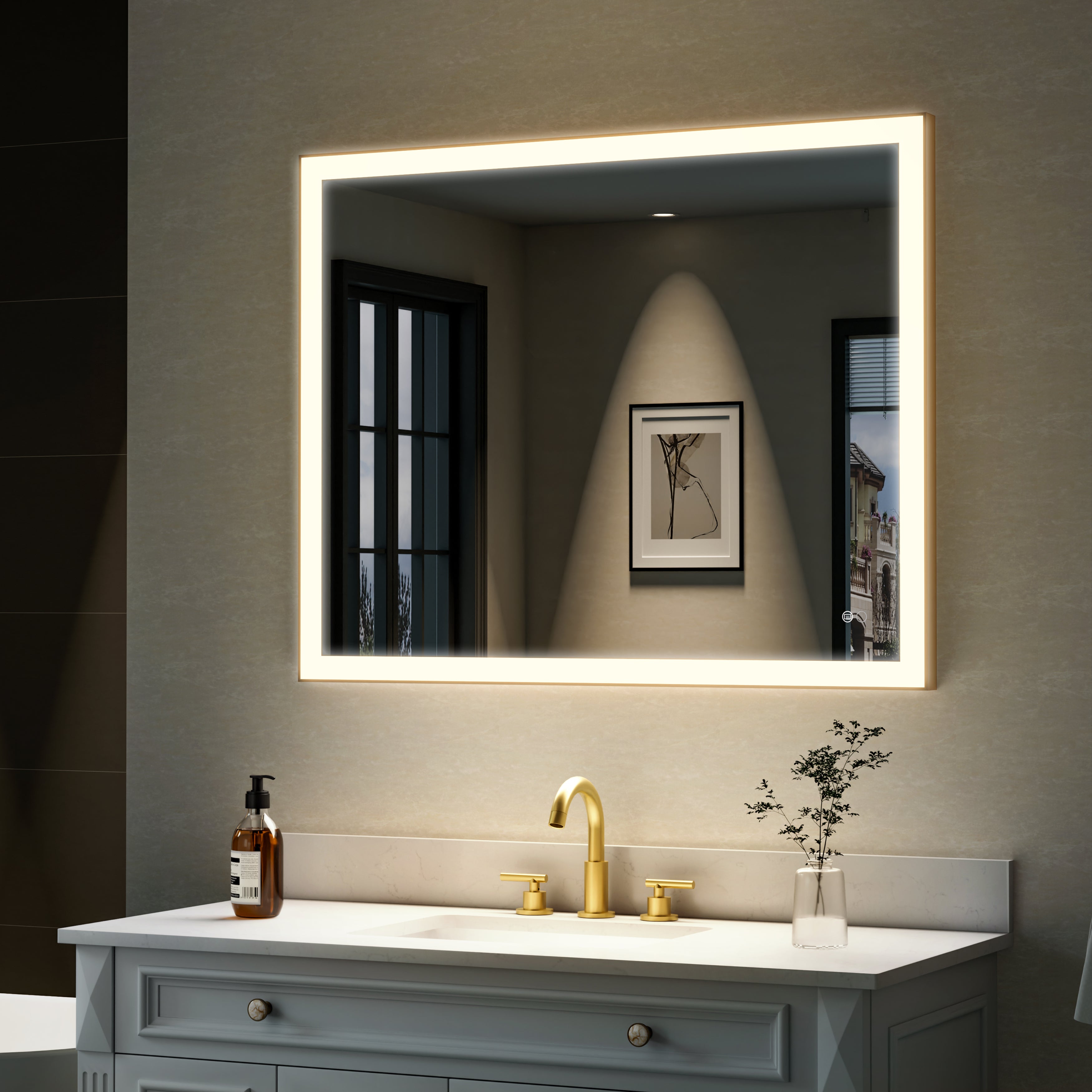40 in. W x 32 in. H Aluminium Framed Rectangular LED Light Bathroom Vanity Mirror in Gold