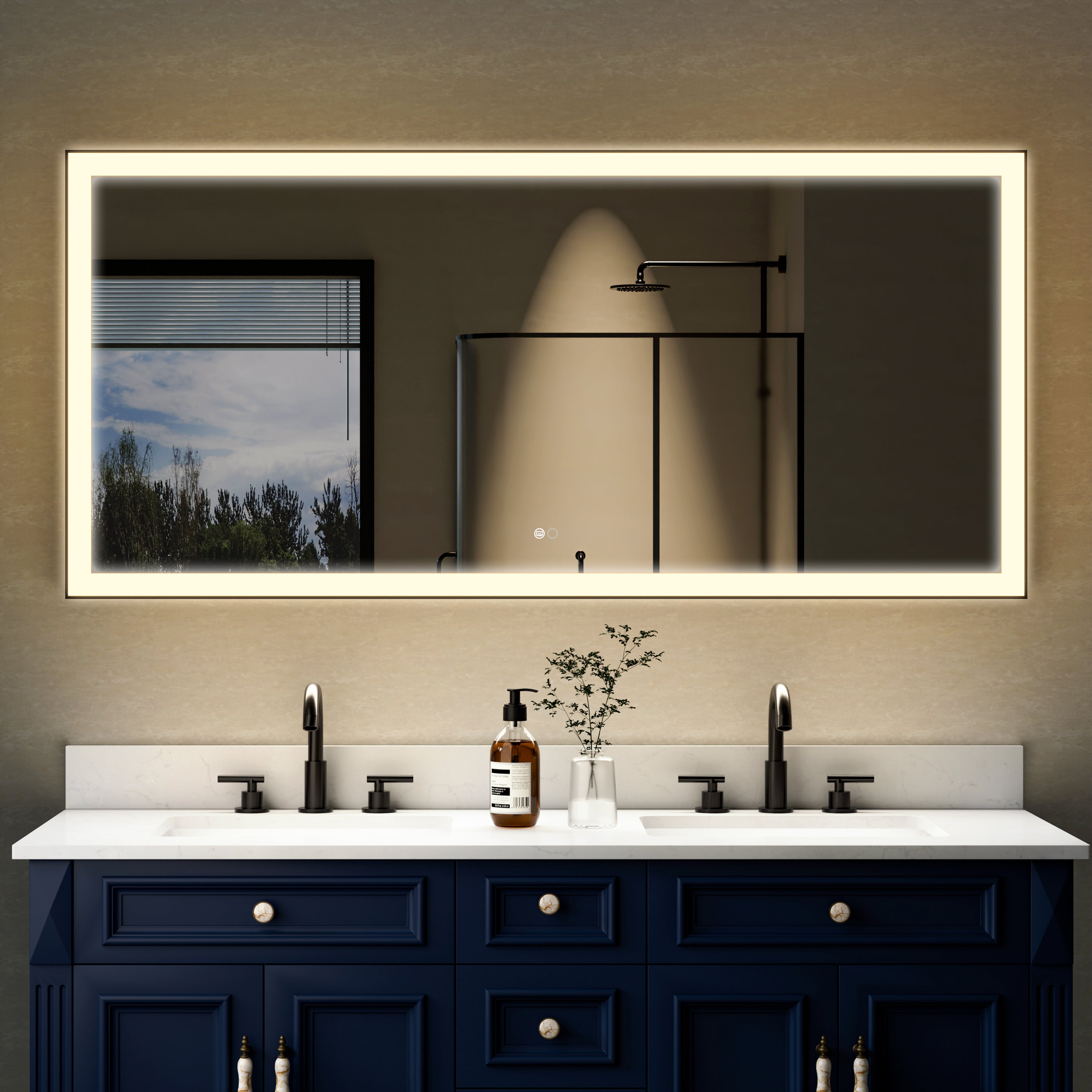 60 in. W x 28 in. H Aluminium Framed Rectangular LED Light Bathroom Vanity Mirror in Matte Black