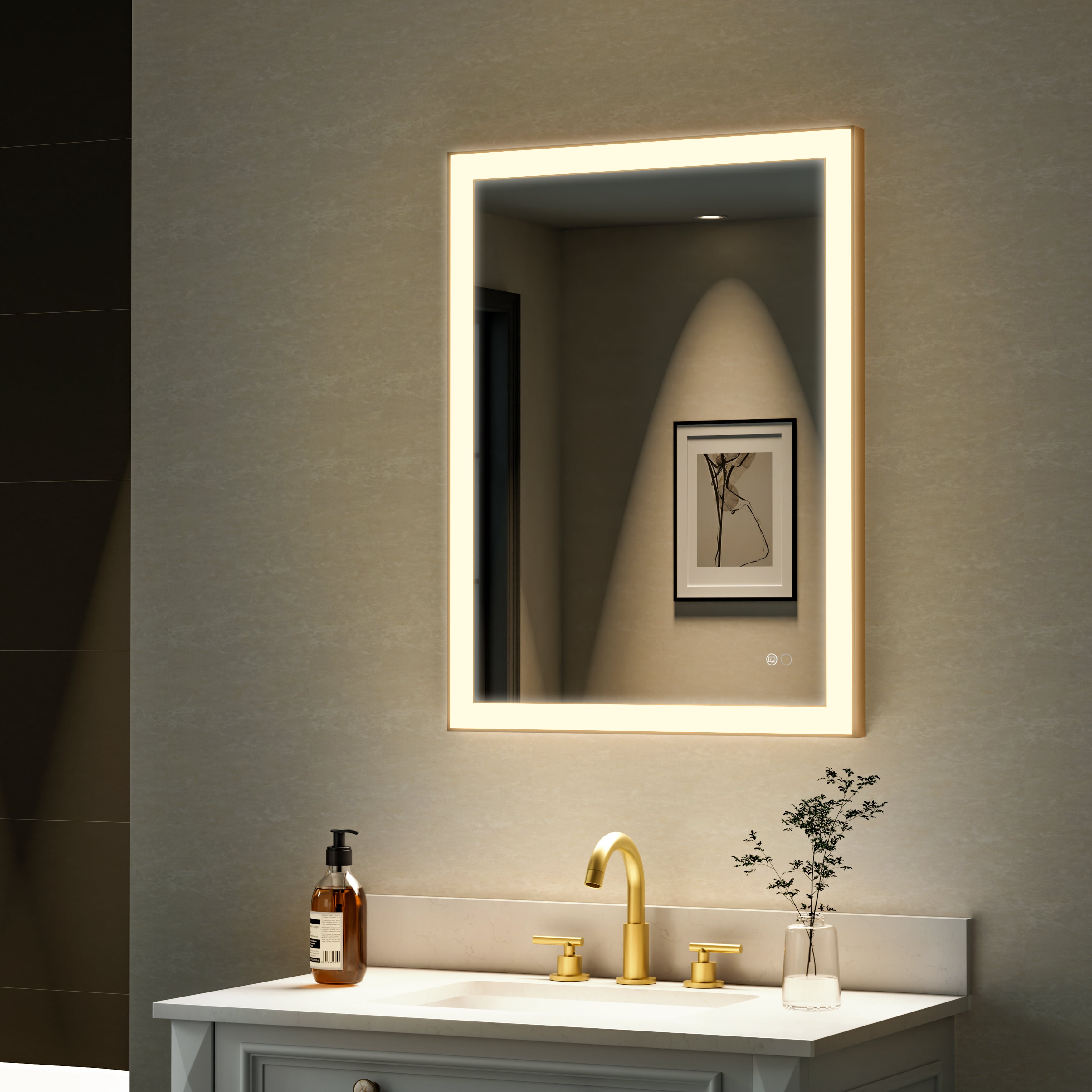 24 in. W x 32 in. H Aluminium Framed Rectangular LED Light Bathroom Vanity Mirror in Gold