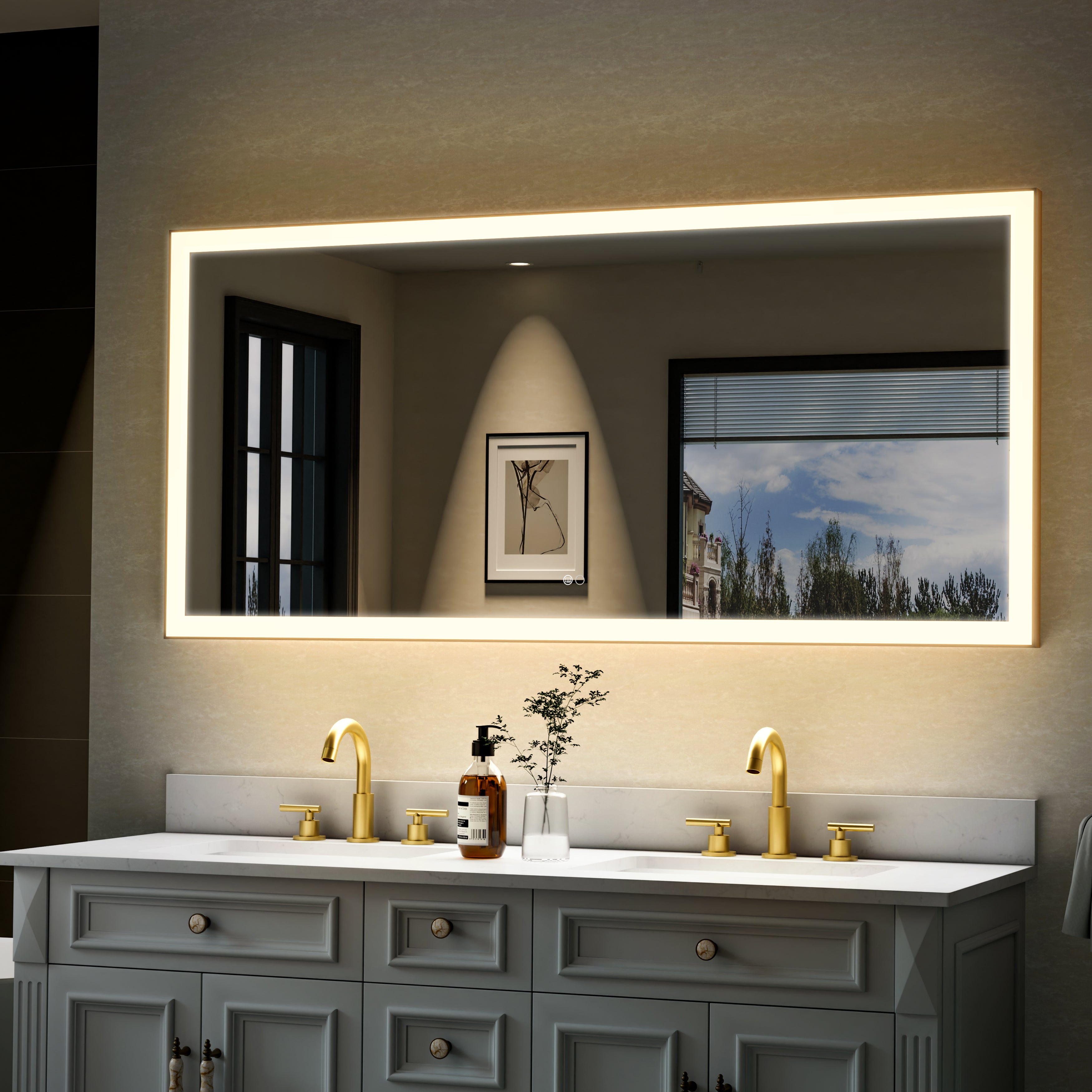 60 in. W x 28 in. H Aluminium Framed Rectangular LED Light Bathroom Vanity Mirror in Gold