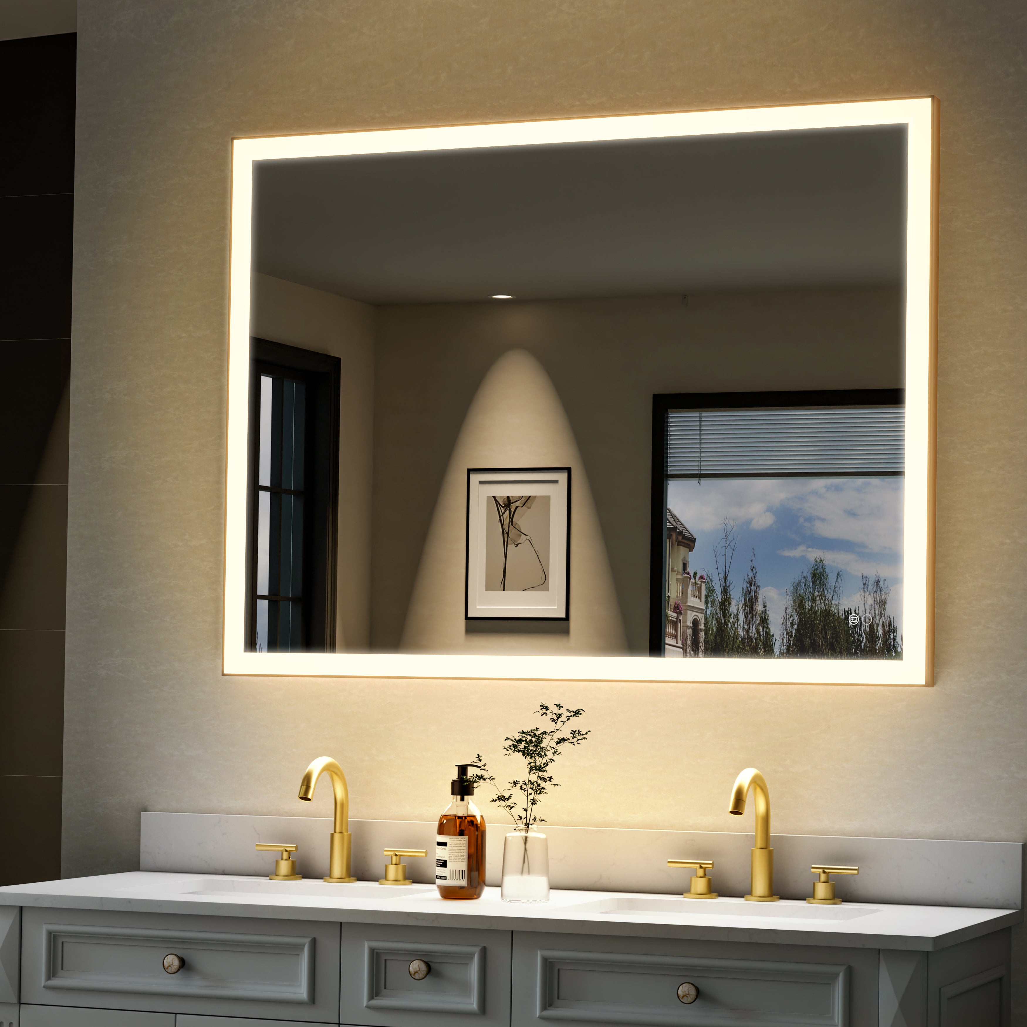 48 in. W x 36 in. H Aluminium Framed Rectangular LED Light Bathroom Vanity Mirror in Gold