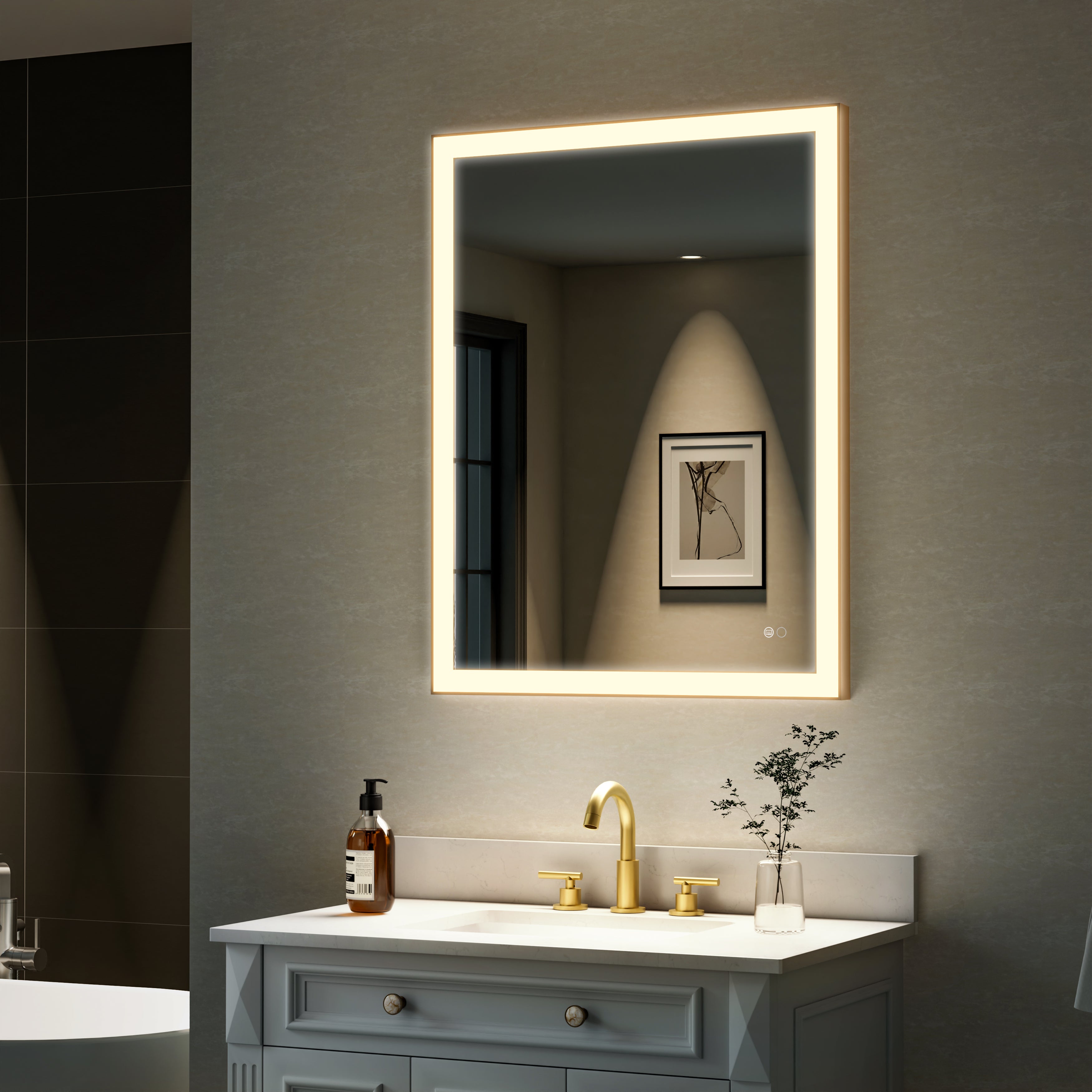 28 in. W x 36 in. H Aluminium Framed Rectangular LED Light Bathroom Vanity Mirror in Gold