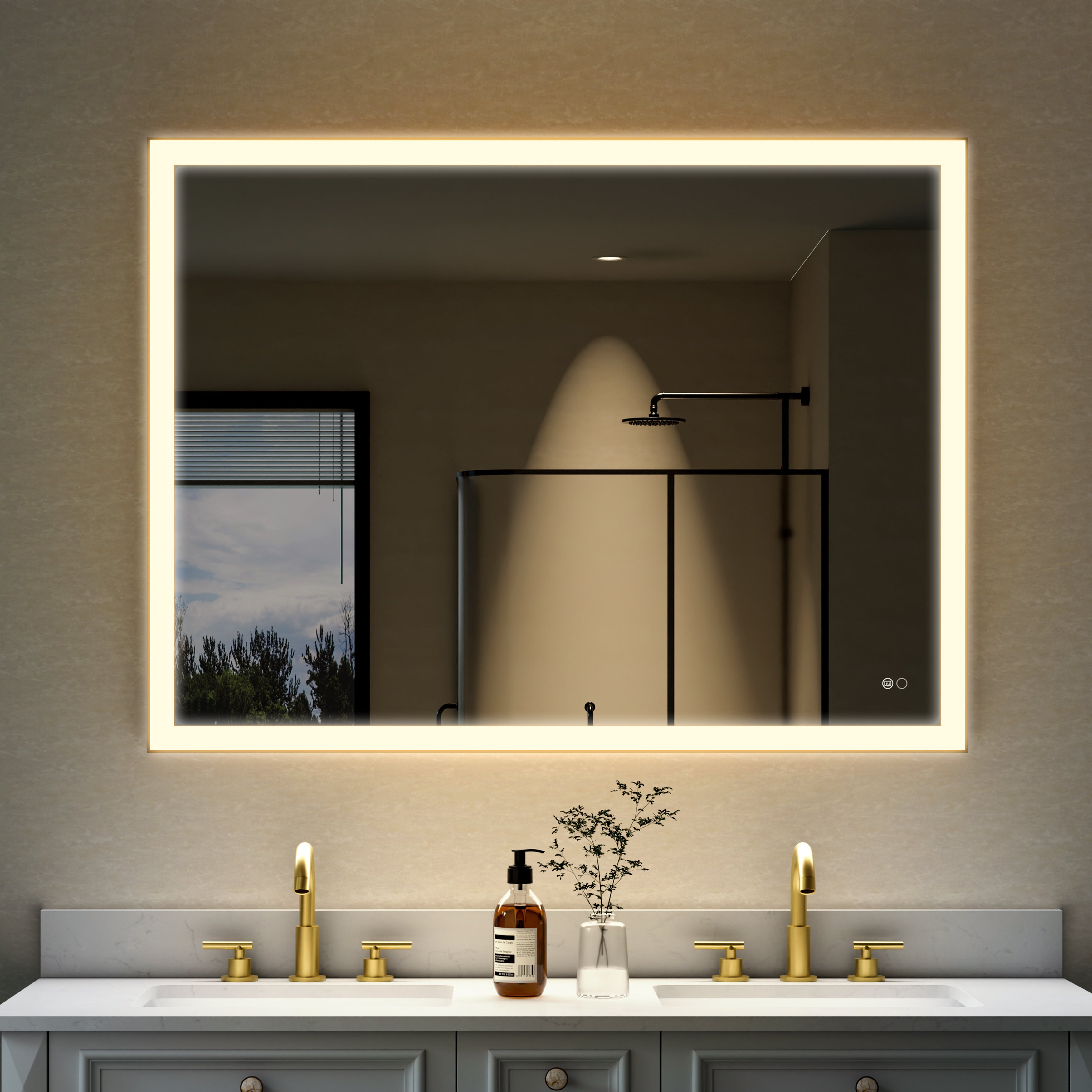 48 in. W x 36 in. H Aluminium Framed Rectangular LED Light Bathroom Vanity Mirror in Gold