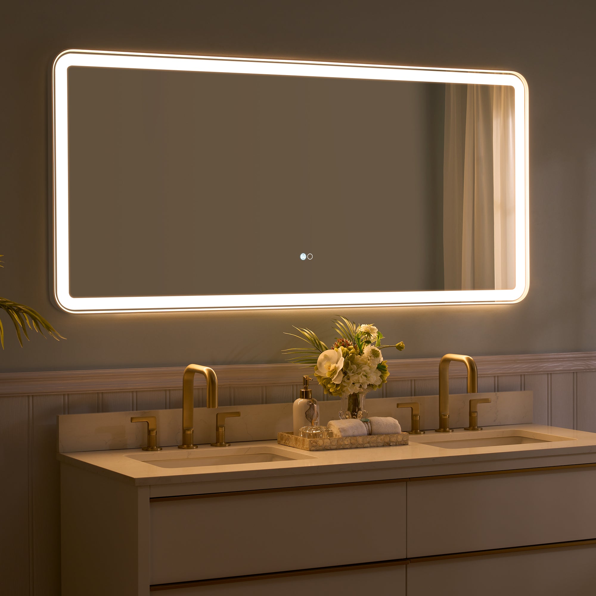 60 in. W x 28 in. H Framed LED Light Bathroom Vanity Mirror - Round Corners in White