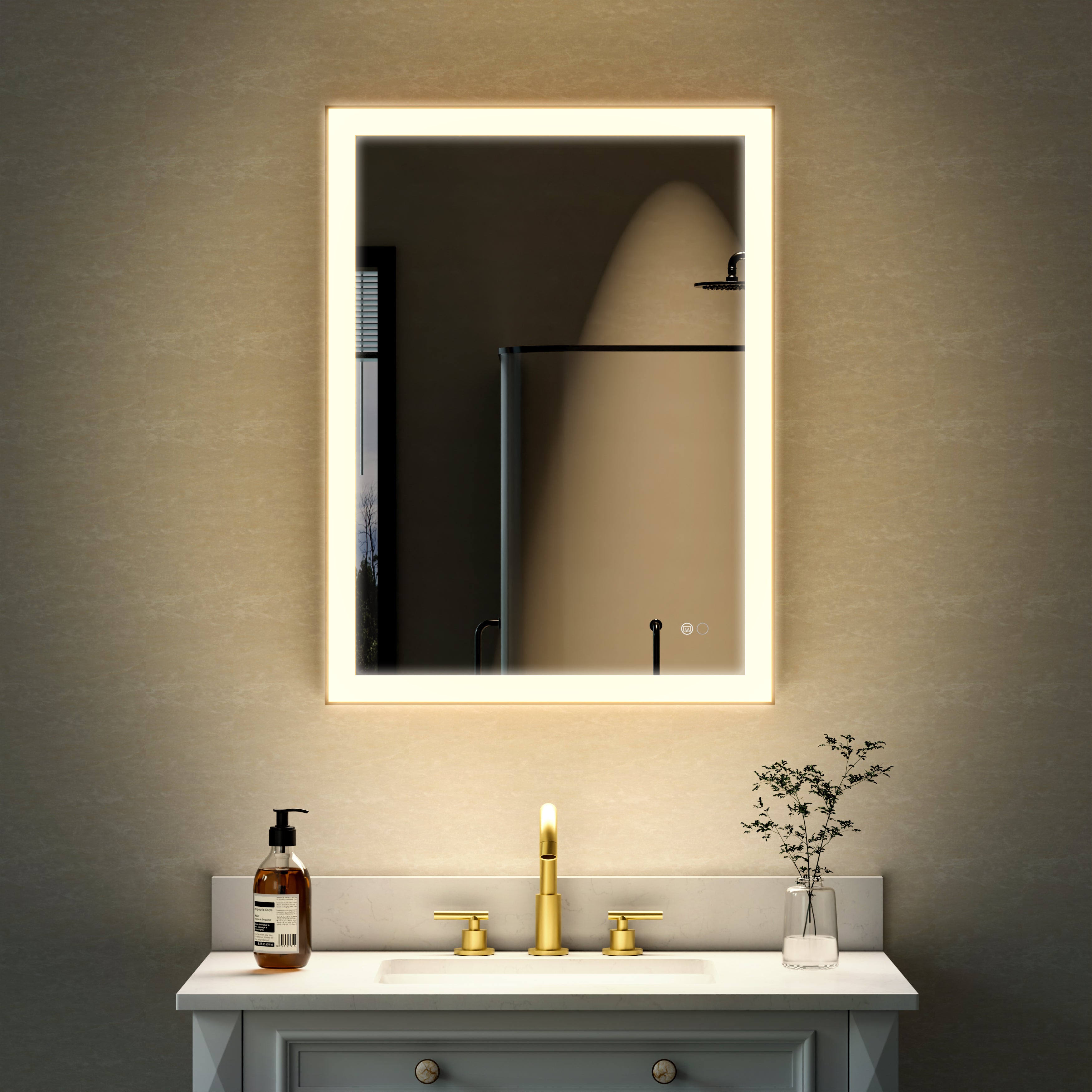 24 in. W x 32 in. H Aluminium Framed Rectangular LED Light Bathroom Vanity Mirror in Gold