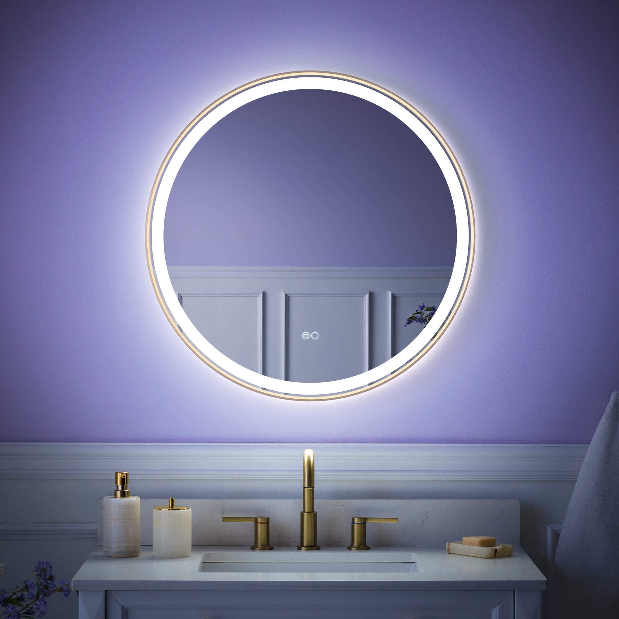 28 in. W x 28 in. H Framed Round LED Light Bathroom Vanity Mirror in Brushed Gold