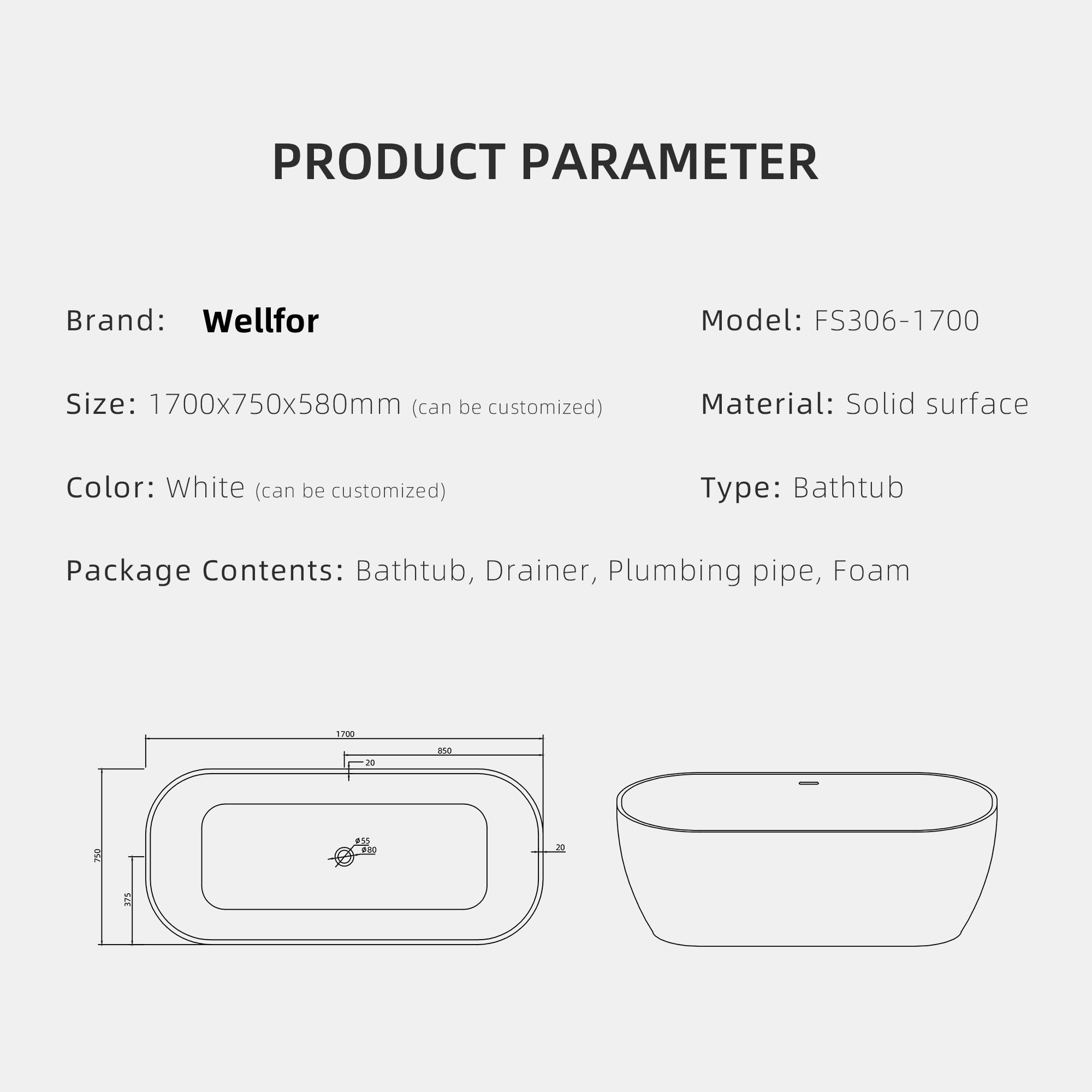 67" Stone Resin Solid Surface Matte Freestanding Bathtub White