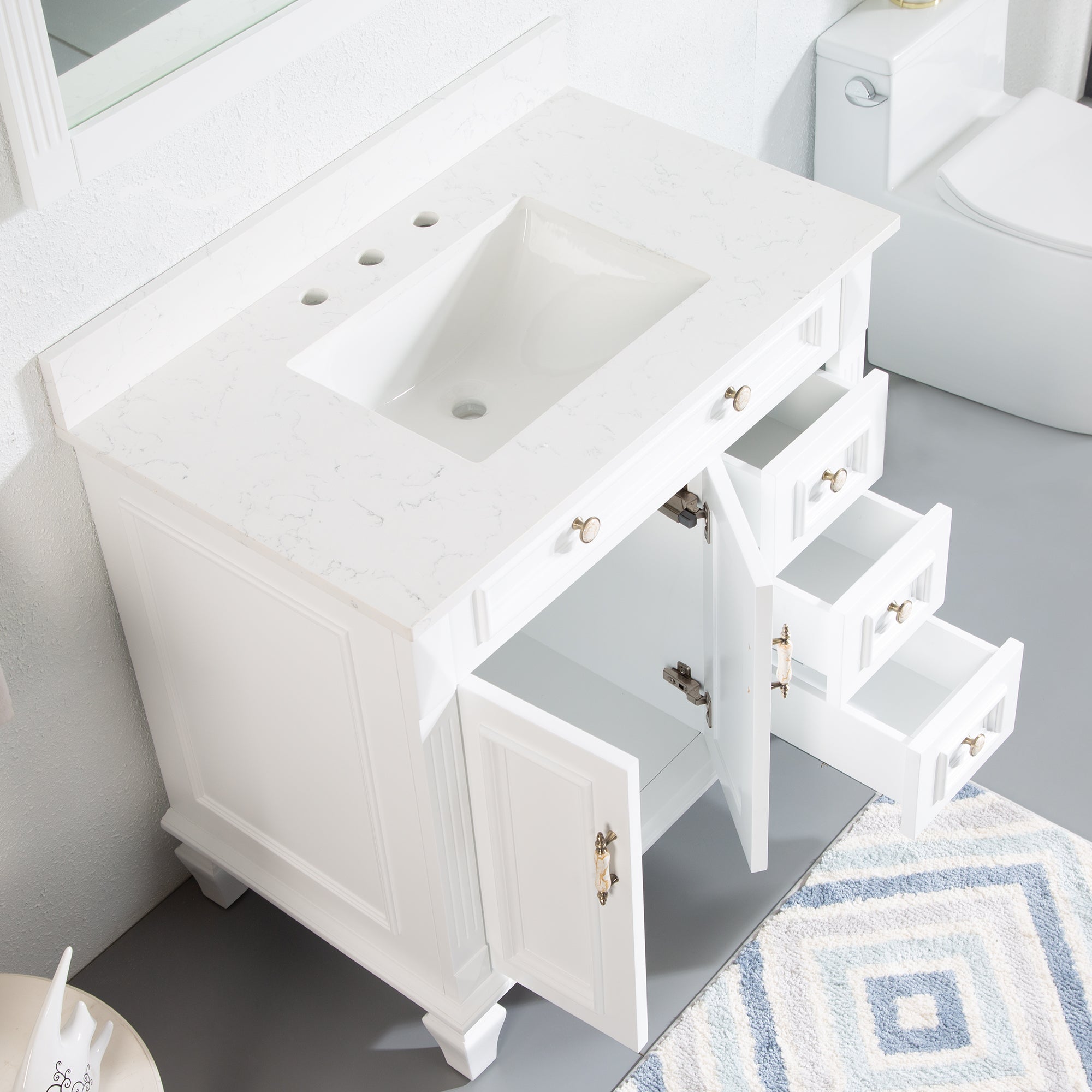 36 in. White Freestanding Solid Wood Bathroom Vanity Storage Organizer with Carrara White Quartz Countertop
