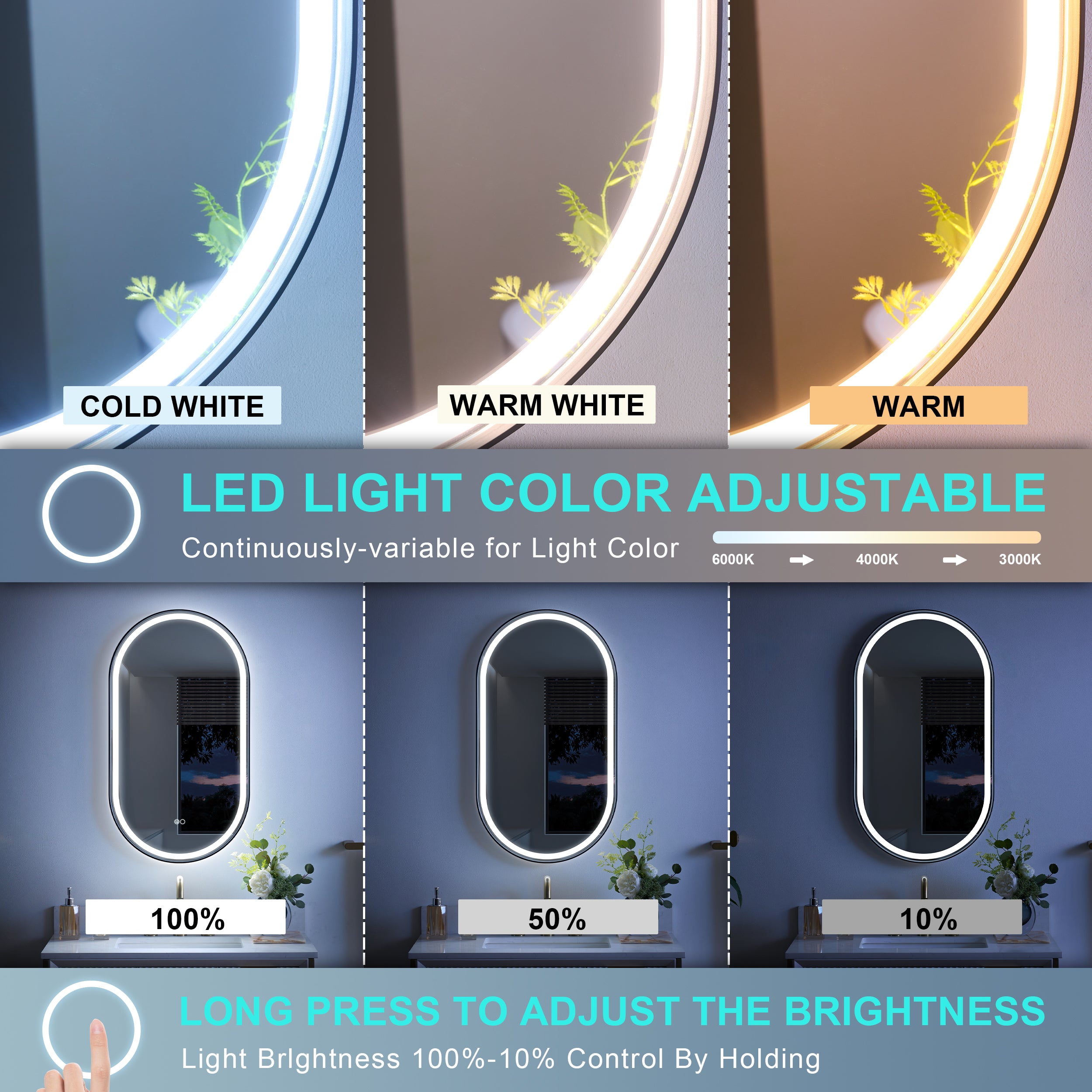 20 in. W x 36 in. H Oval LED Framed Mirror, Anti-Fog, Dimmable in Matte Black