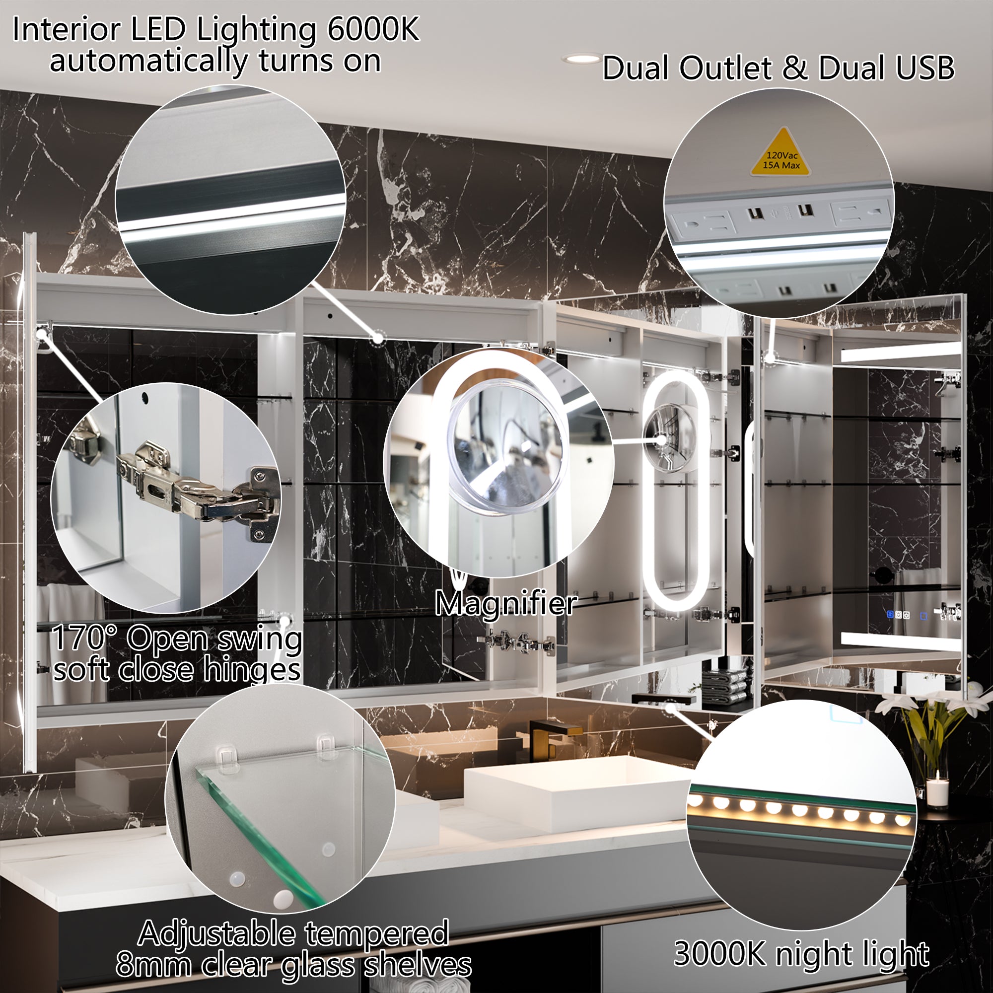 WELLFOR 60 in. x 36 in. Recessed/Surface Mount Right Medicine Cabinet with 5X Magnifier Mirror and Night Light