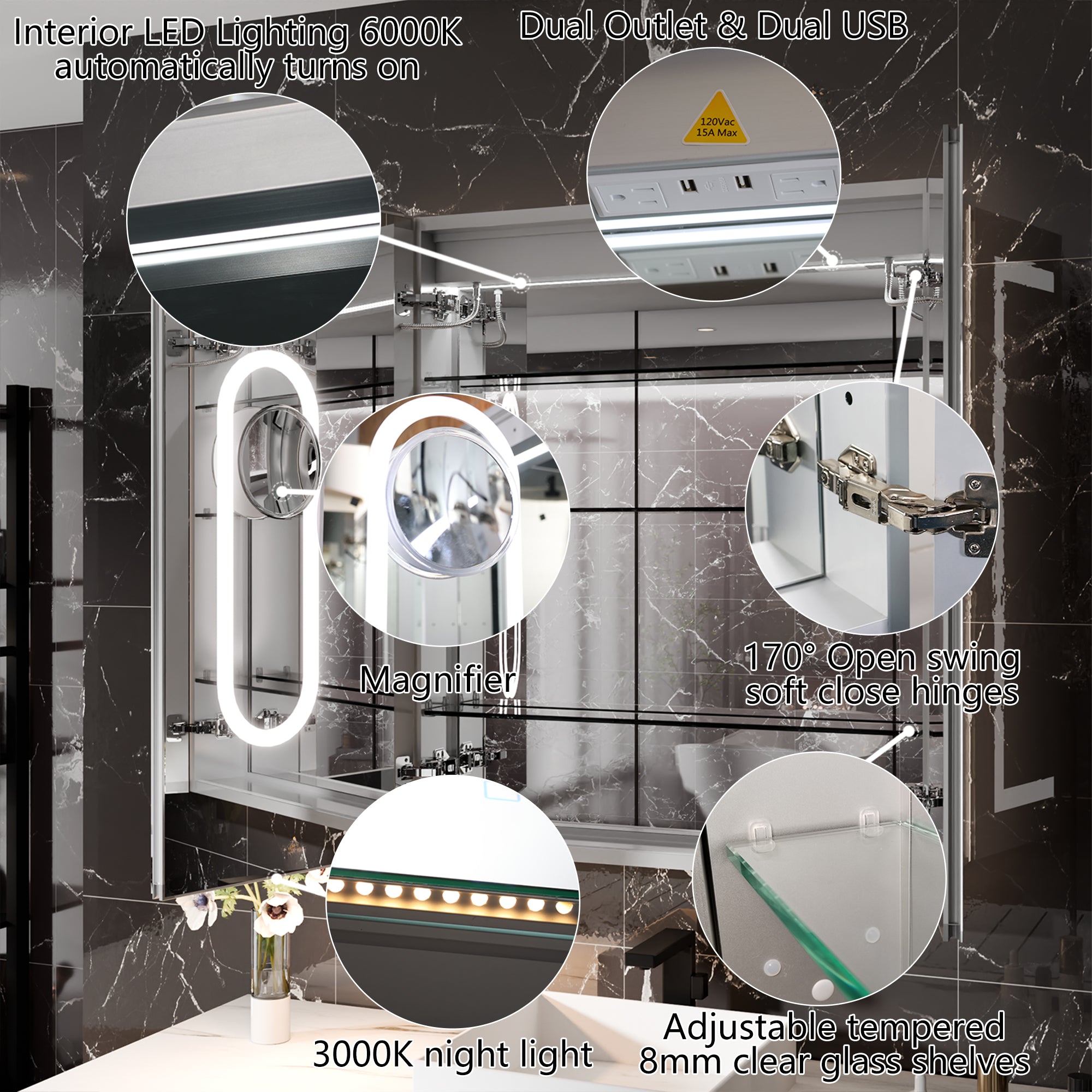 WELLFOR 30 in. x 36 in. Recessed/Surface Mount LED Medicine Cabinet with 5X Magnifier Mirror and Night Light