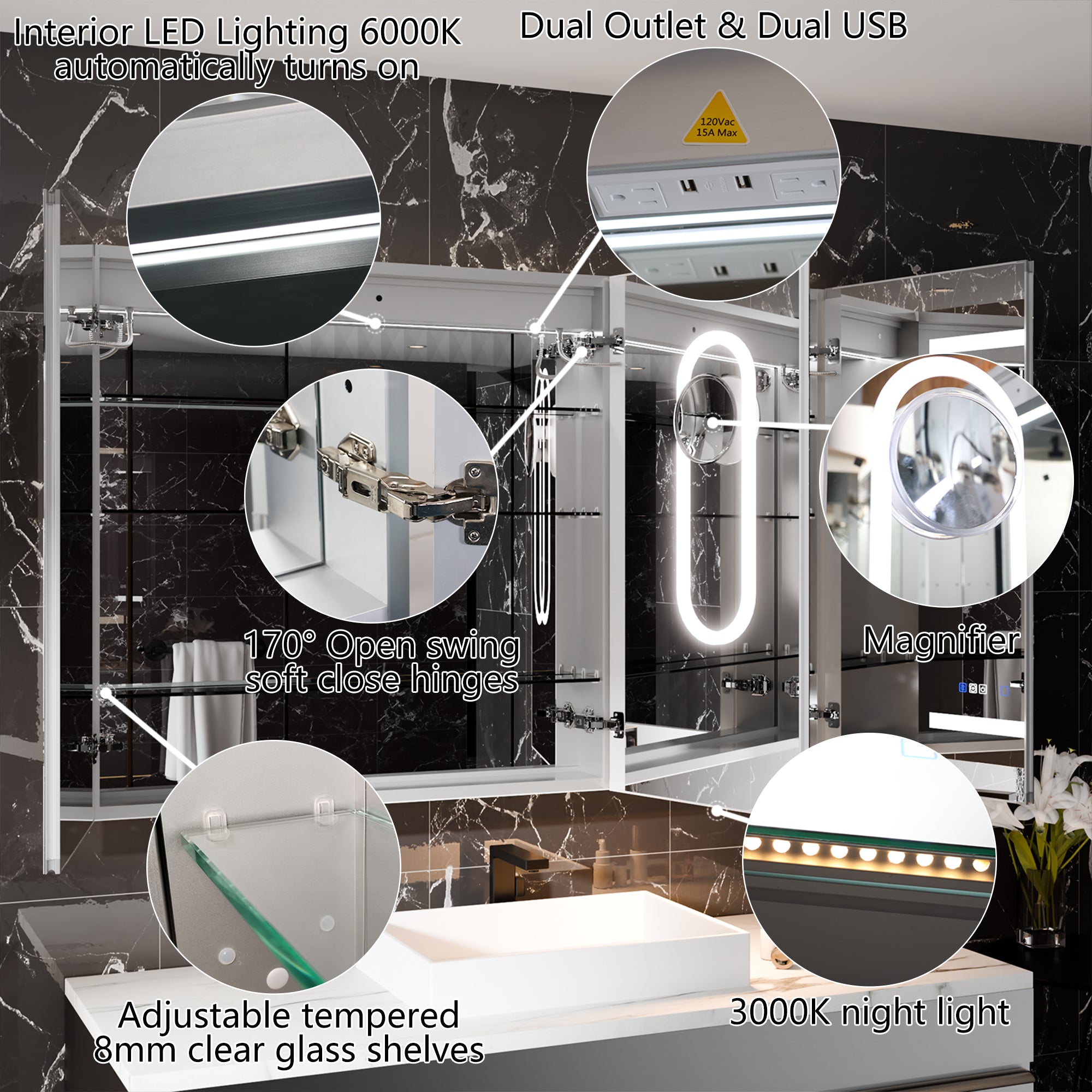 WELLFOR 54 in. x 36 in. Recessed/Surface Mount LED Medicine Cabinet with 5X Magnifier Mirror and Night Light